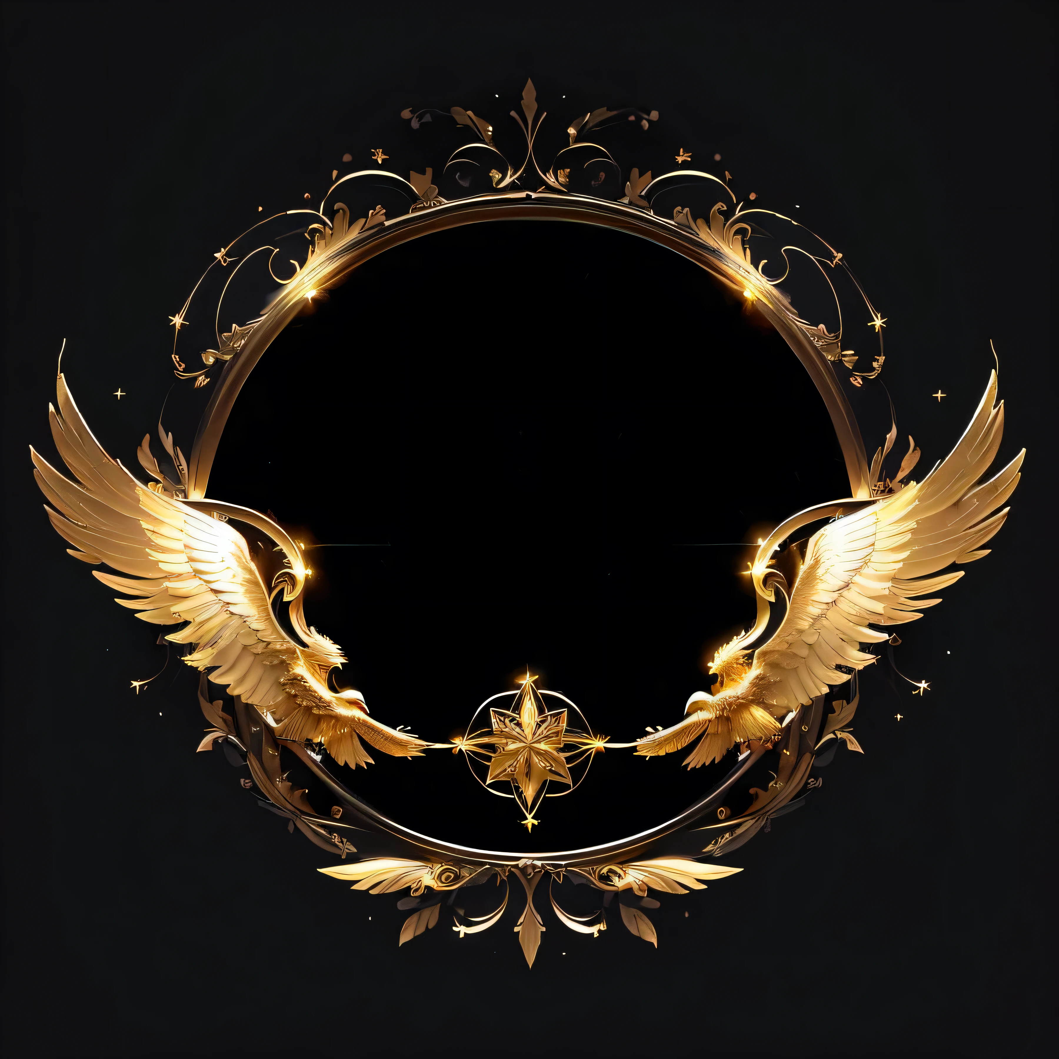 There is a gold frame,There are wings and a star in the middle, Golden Wings, Golden Wings, Gorgeous picture frame, with fiery Golden Wings, with fiery Golden Wings of flame, ornamental halo, Majestic symmetrical eagle wings, Epic Angel Wings, Fantasy Shield, symbol of wisdom, Gorgeous border + concept art, Symmetrical Wing, Angelic golden armor, Golden Magic Shoulders