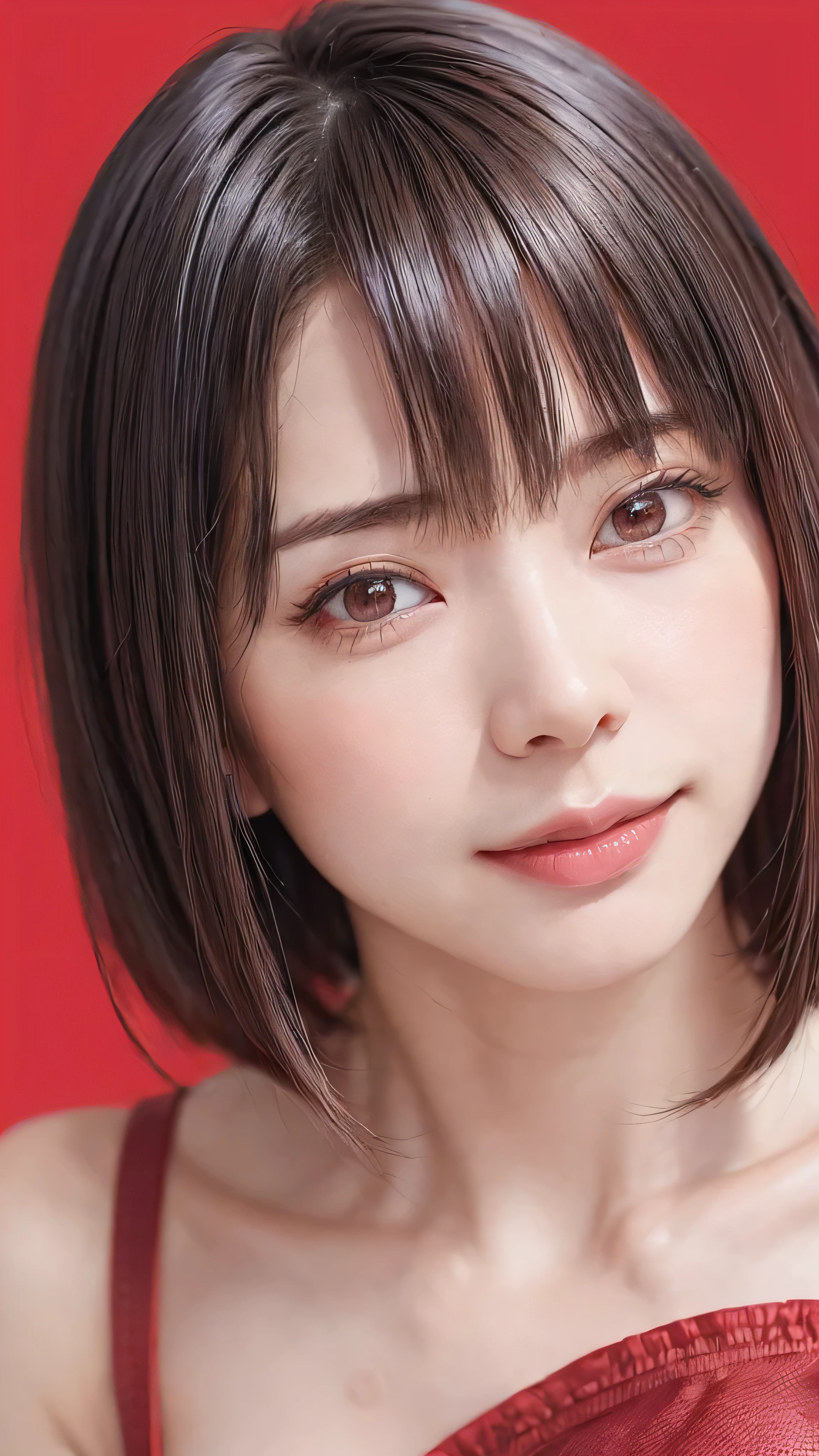(SFW:1.8、masterpiece, highest quality),1 girl, alone, hyper Realistic, Realistic,Realistic, Looking at the audience, Light brown eyes:1.4,Brunette Short Bob Hair with highly detailed shiny hair, Very delicate and beautiful brightly colored clothing:1.4, Lepangas:1.4), Mouth open, Upper Body、big chest eye、eyelash、{Huge|big chest|Hugeな|Mega} whole :2, Chest cleavage:2、(((Add highlights to the eyes:1.4、big chest eye、Short Bob Hair、Glowing Skin:1.4、Looking at the audience、She is very 美しい and cute、Show me your ears、Beautiful long neck、smile、Close your mouth and smile、Bangs and beautiful teeth)))、Ideal body type、((Beautiful red background:2、Simple blank red landscape:2、Very simple red background:2))、Beautiful long neck:1.4、(({Huge|big|Huge|Mega} chest, Chest cleavage:2))、(((Portraiture:2、Face close-up:2、Face close-up:2)))、Perfect Anatomy、(Realistic), Faithful and accurate facial reproduction:2