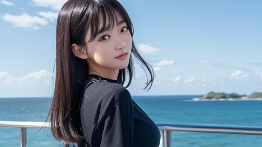 8K、Detailed Description、Very high definition、Realistic、reality的、Real、live-action、reality、High resolution、Nogizaka46、japanese idol,beautiful girl、21 years old、Dark brown eyes、sunny、summer、blue sky、View of the sea、Are standing、Back view、look back、smile,closed mouth,cropped shirt,pleated skirt,forehead,silky hair,Straight Hair、light smile,closed mouth,arm behind back,Knee-up-top angle of view、Back view、look back、Very black hair、pretty girl、Beauty、Glowing Skin、Glowing Skin、Shiny Hair、Hair blowing in the wind、Very white skin、Heavy makeup、Large Breasts、Slit eyes、Big Eyes、Dark brown eyes、Double eyelids、Don't show your teeth、Parting her bangs、Show your forehead、Put your hands behind your back