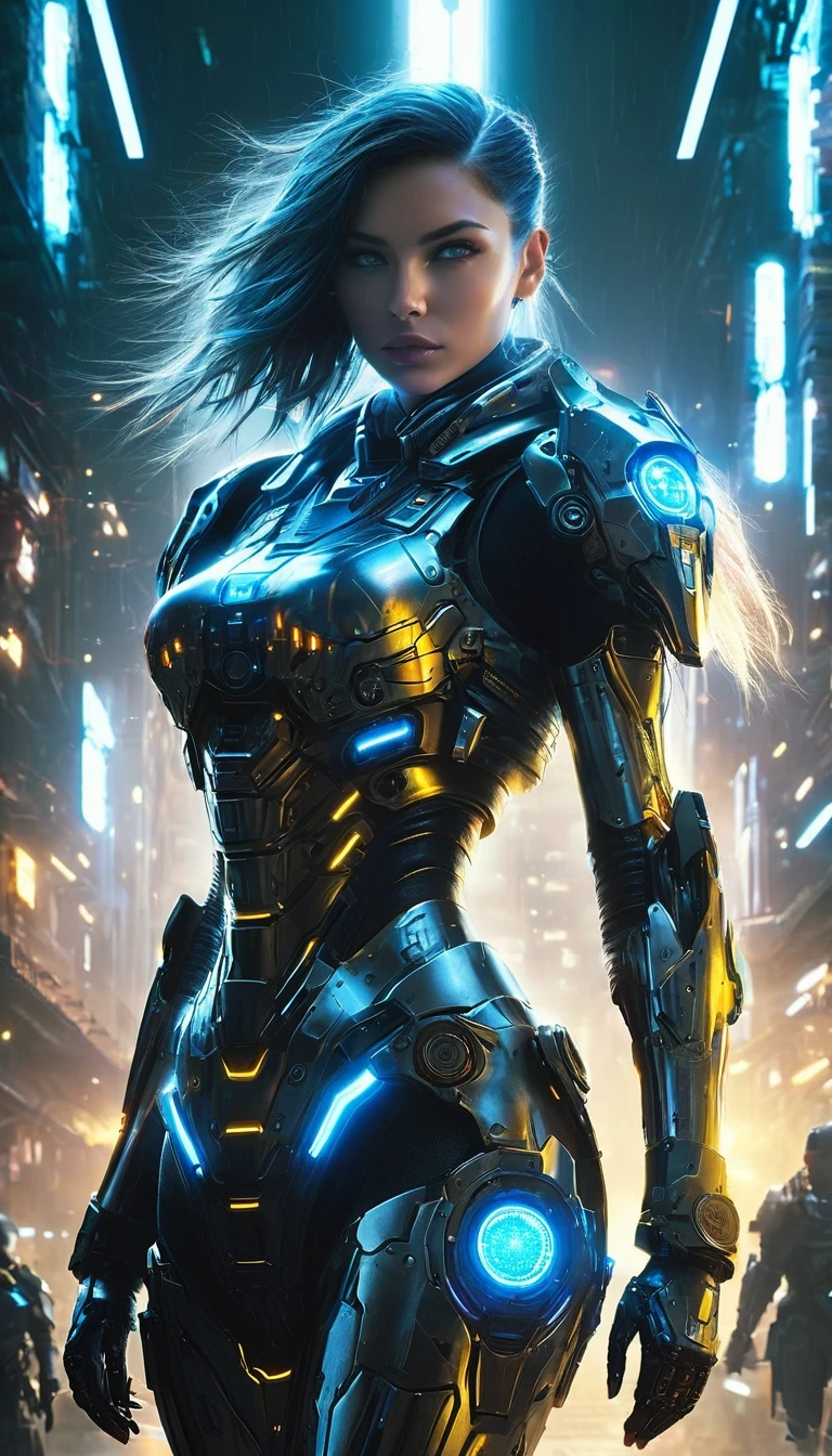 a cyborg woman warrior in a post-apocalyptic cyberpunk landscape, highly detailed cybernetic mechanical body, glowing blue energy circuits, advanced futuristic armor, dark moody lighting, dramatic sci-fi atmosphere, dystopian urban background, deep shadows, moody color palette, masterpiece, 8k, hyperrealistic, photorealistic