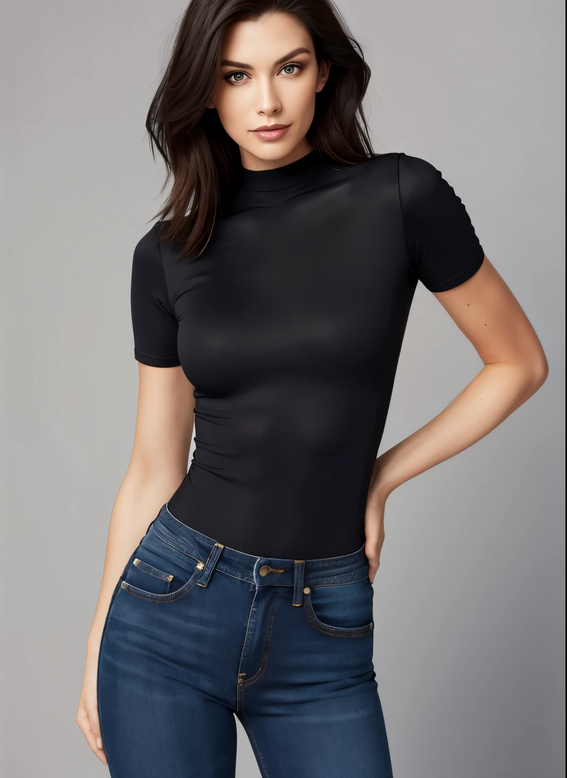 Alafed woman in black shirt and jeans poses for photo, Tight shirt, wearing Tight shirt, wear tight, simple clothes, flat chest, 2 4-year-old female model, wearing a black bodysuit, Tight clothing, Perfect body and face, Black Top, Great face and body, Supermodel body, Full body model, Daniela Uurig, Blue tight T-shirt