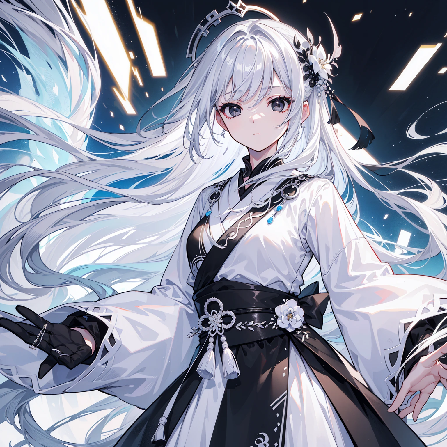(Top image quality)、(Ultra Detailed)、(Facing forward)、top quality、masterpiece、(((1 girl)))、Silver Hair、white hair、((Long hair))、(black eyes:1.6)、(Hanfu)