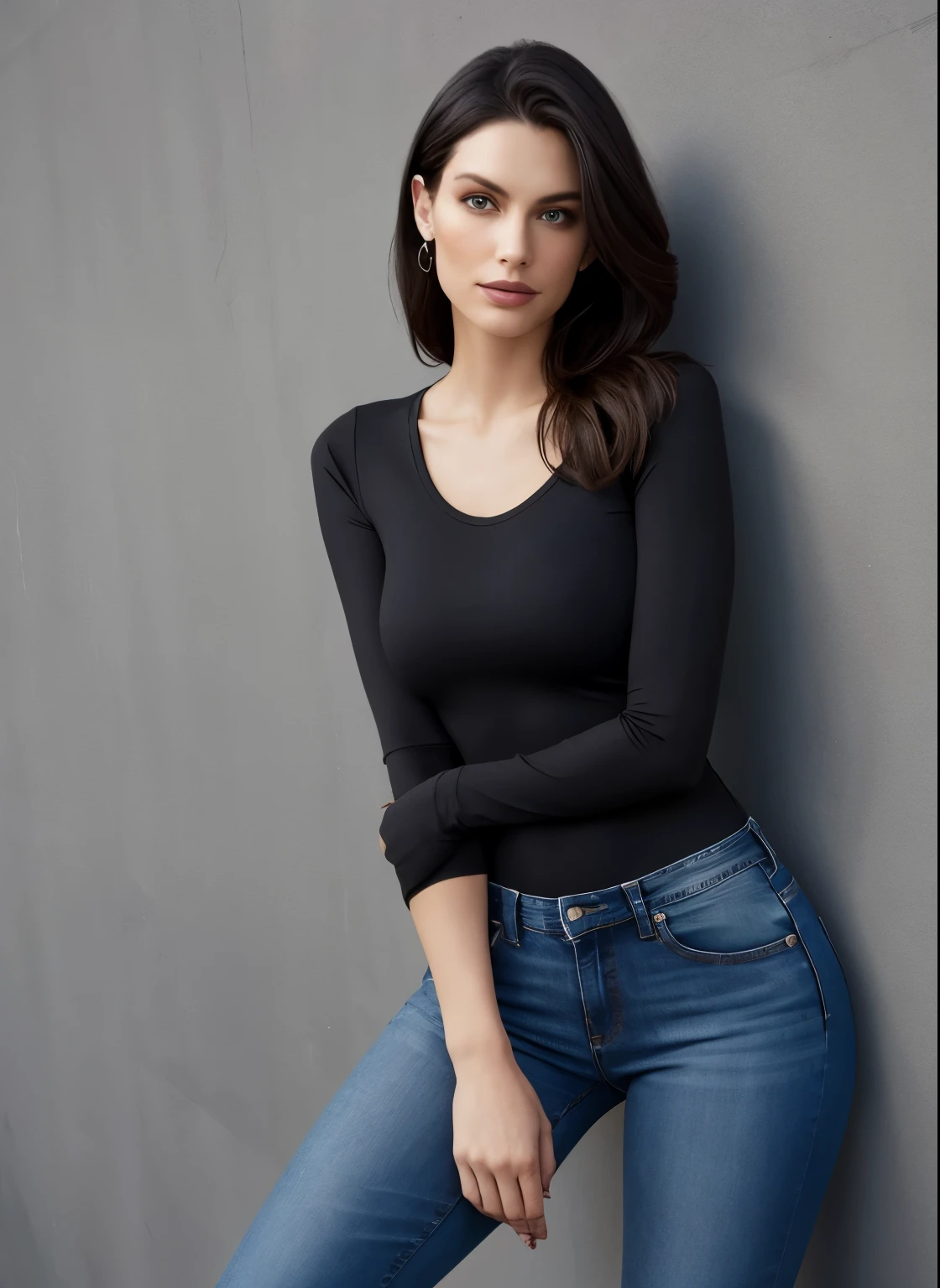 Alafed woman in black shirt and jeans poses for photo, Tight shirt, wearing Tight shirt, wear tight, simple clothes, flat chest, 2 4-year-old female model, wearing a black bodysuit, Tight clothing, Perfect body and face, Black Top, Great face and body, Supermodel body, Full body model, Daniela Uurig, Blue tight T-shirt