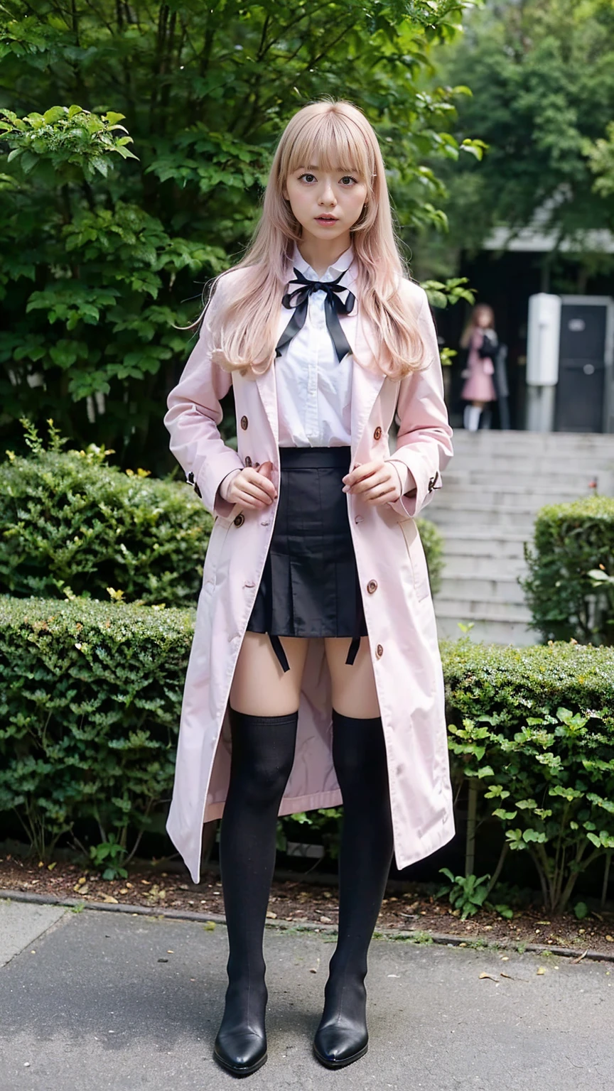 (8k、RAW Photos、highest quality、masterpiece:1.2)、(Realistic、Realistic)、1 girl、((Pink Coat、Blonde、Black Mini Skirt、Ribbon on chest、Knee socks、、Big Breasts、boots、whole body、garden、View from the front、Looking into the camera、Standing with hands on hips))、