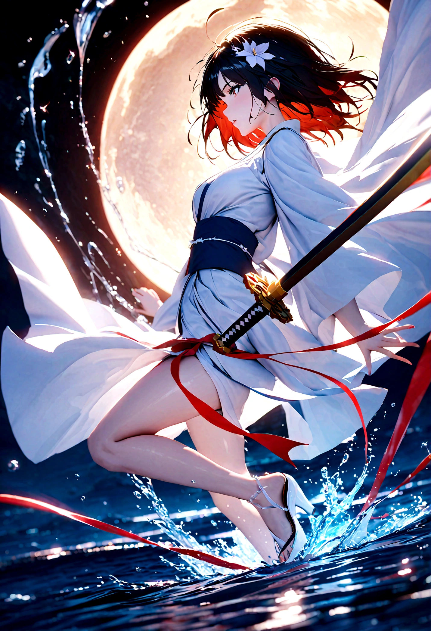 the garden of sinners，ryougi shiki，female，white kimono，short flowing black hair，look back sideways，stand on the lake，wielding a katana，make a splash，full body，moonlit night, massive moon，a firm and soft look，cool colors，blue and white，best picture quality，uhd，virtual engine，octane rendering，bloom, details，ambient light shading，depth of field effect, kirlian photography