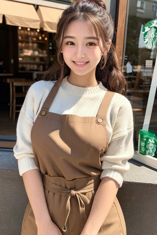brown Hair curly fine hair ponytail 20 years old fang enraptured smile ooking away apple cheeks Wise eyes refreshing light eyebrows Natural Makeup Ultra-realistic Starbucks ribbed knit and apron skinny pants Mole cafe Employee she'Brewing coffee stylish Height 165cm three size: 97.62.90 bashful expression