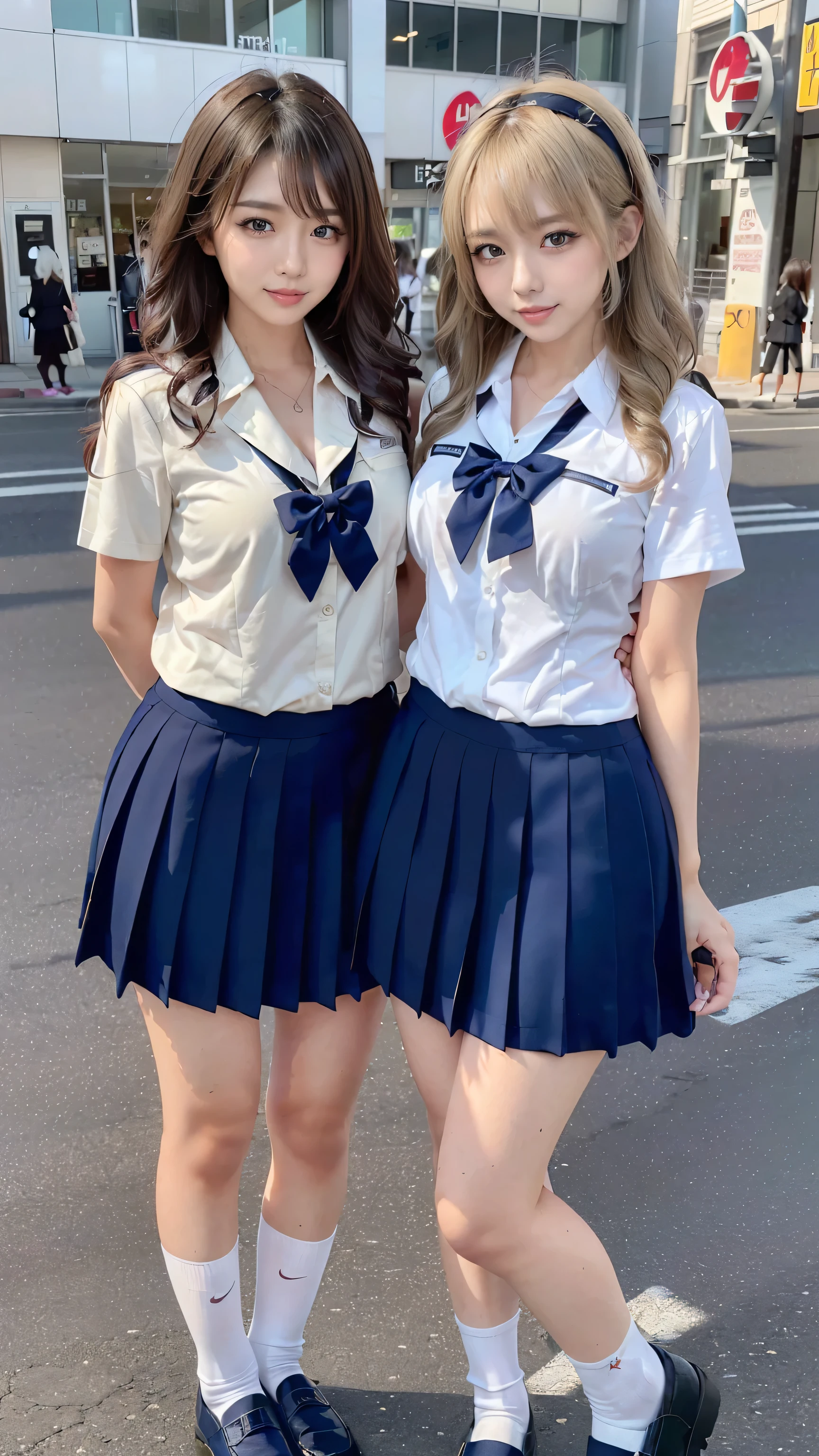 (scene; (2 people:1.8)), Gal, (Shopping mall, Shopping Street, street), (High school girls 2 people), (Standing facing this way, gal pose), (Thin thighs, Long, slender limbs), ((Highly detailed skin), Beautiful realistic face, White skin, Pointed Chest, Perfect Anatomy, Realistic eyes, Natural Eyes, Brown Eyes, Accurate eye focus, Accurate limbs), (Hyper Realist, Ultra-realistic, 4k, Attention to detail, Ultra-high resolution, highest quality, masterpiece, Presence, dynamic, Uplifting, bold, Sharpness), (Huge breasts:1.5), (Cleavage:1.5), The bra is see-through, (Japanese School Uniform:1.5), Small waist, (Blonde long hair:1.5), (Wavy long hair:1.5), (Curly Hair:1.5), (sleek bangs), (Twin tail hair), (White collared shirt, Pleated mini skirt, Navy colored socks, Black loafers, Ribbon tie), in uniform, Surreal school girl, High waist pleated mini skirt, tall, (Full body photo, Full body image, Full body portrait), in uniform, smile, (Two cute girls standing:1.8),