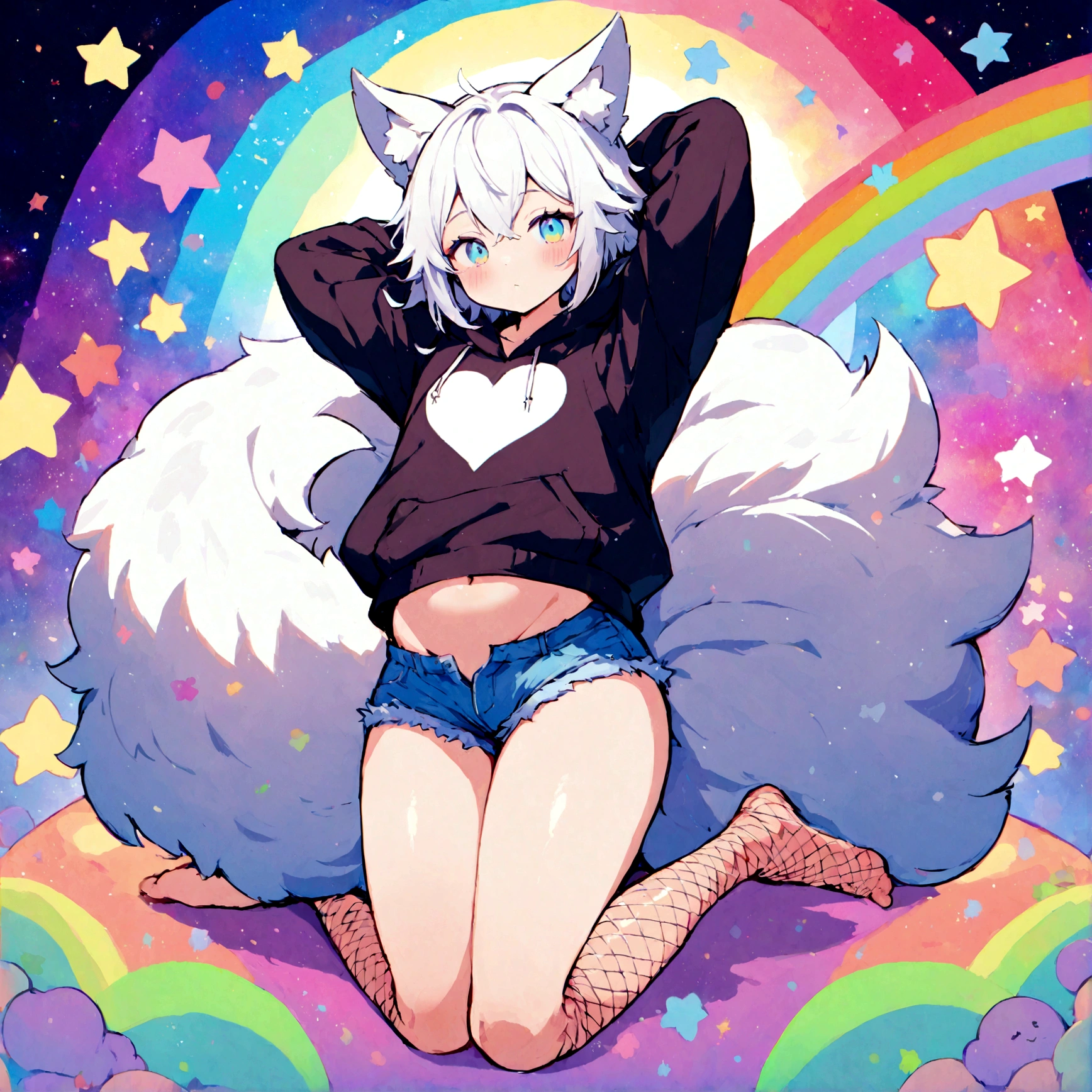 a cute adult male with wolf ears, white hair, has a wolf tail, wearing a loose cropped oversized black hoodie, wearing a pair of denim short shorts and fishnet stockings, thick thighs, wide hips, relaxing on mound of fluffy multi colored kawaii plushies, short, very slim, showing slender tummy, stretching out, heart on hoodie, squishy thighs, has glowing blue eyes. alone, solo (ALONE)(SOLO), surrounded by rainbows, colorful galaxy backround