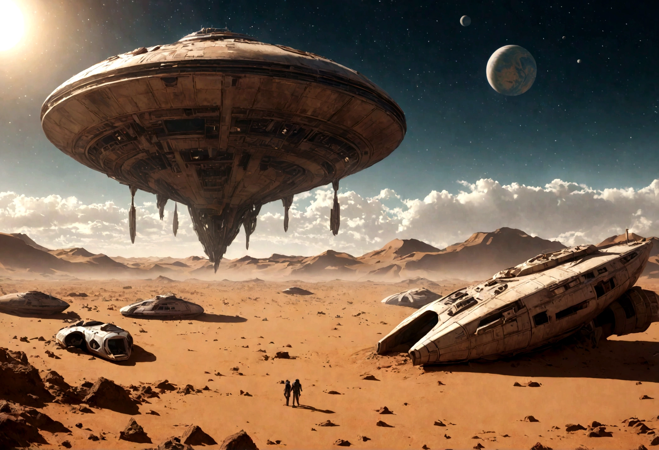 ((HEAVY ATMOSPHERE DESERT PLANET)), ((Alien spaceships)), abandoned alien spaceships, demolished years ago, rust on a desert planet with a heavy atmosphere filled with dust particles. Baja visibilidad. Humanos sobrevivientes deambulan en busca de agua. Hyper realistic scene, 4K, Professional cinematographic lighting. ((PROFUNDIDAD DE CAMPO INFINITA))