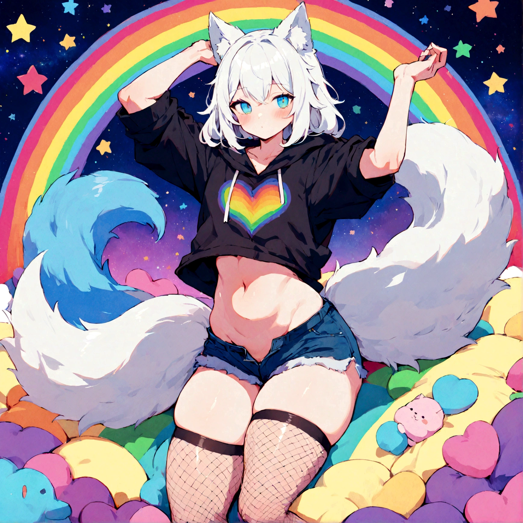 a cute adult male with wolf ears, white hair, has a wolf tail, wearing a loose cropped oversized black hoodie, wearing a pair of denim short shorts and fishnet stockings, thick thighs, wide hips, relaxing on mound of fluffy multi colored kawaii plushies, short, very slim, showing slender tummy, stretching out, heart on hoodie, squishy thighs, has glowing blue eyes. alone, solo (ALONE)(SOLO), surrounded by rainbows, colorful galaxy backround