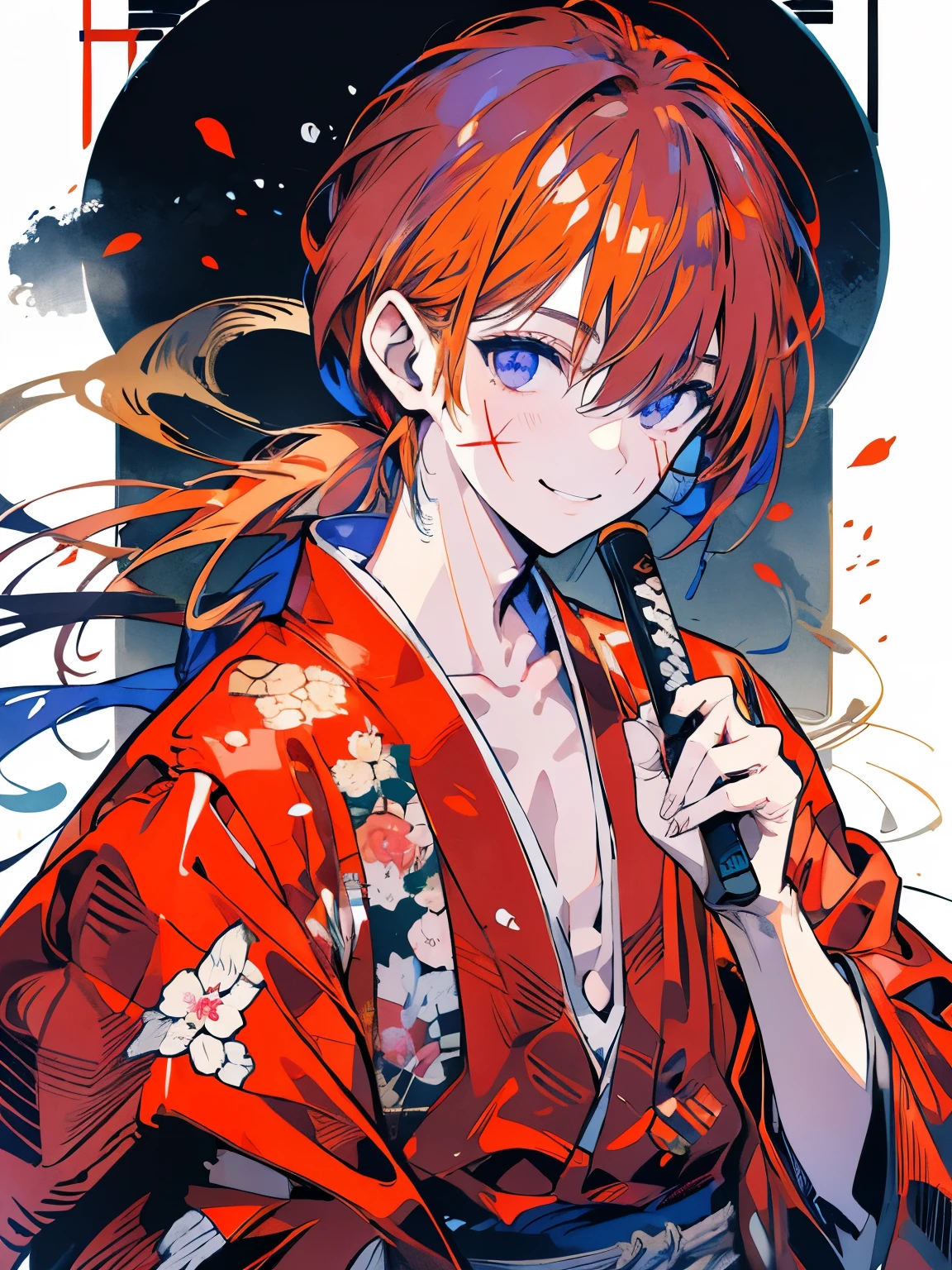 Masterpiece、Delicate eyes、Kenshin Himura、Orange Hair、Long Hair、Red kimono、Purple Eyes、Scar on cheek、smile、Edo Town、Japanese sword、Upper Body