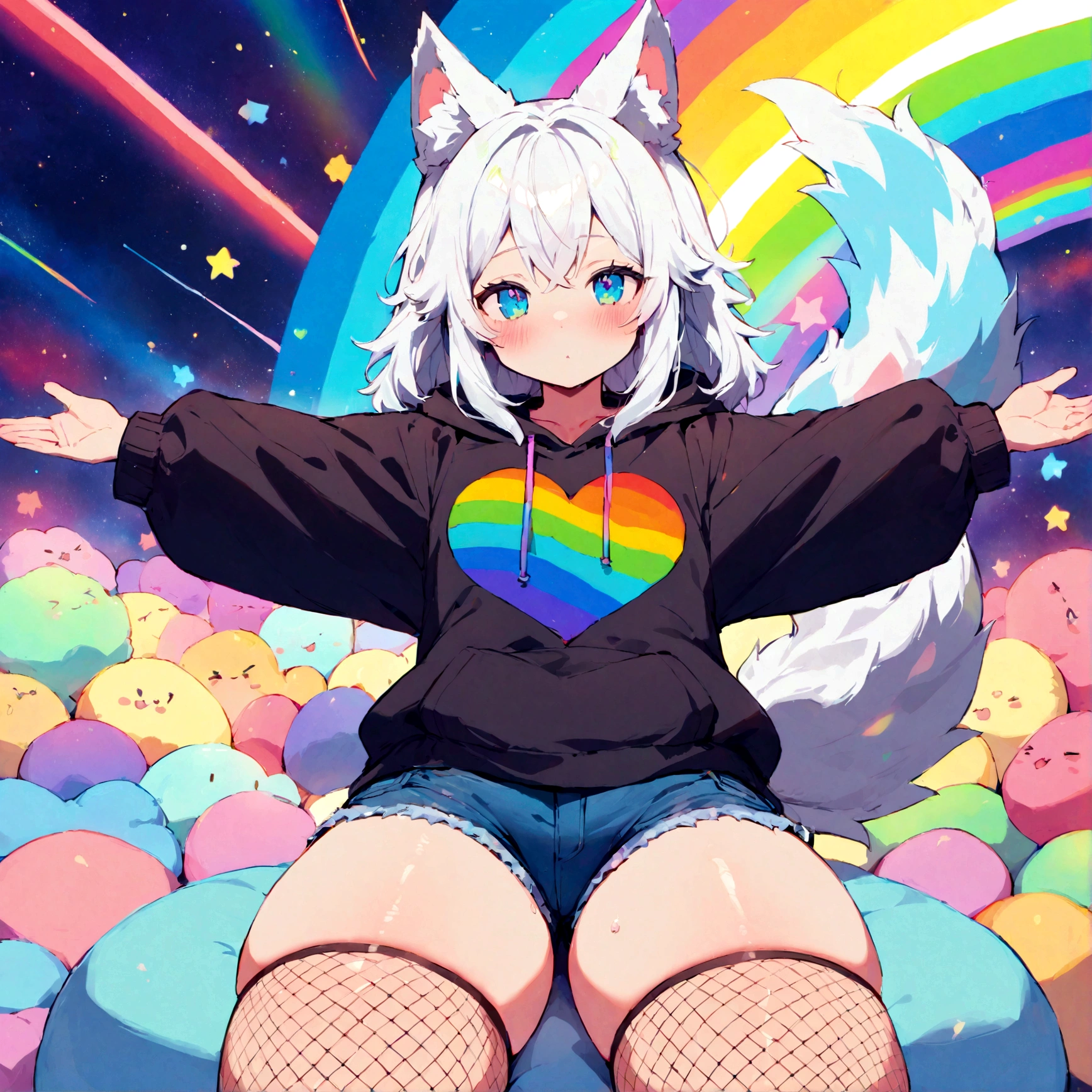 a cute adult male with wolf ears, white hair, has a wolf tail, wearing a loose cropped oversized black hoodie, wearing a pair of denim short shorts and fishnet stockings, thick thighs, wide hips, relaxing on mound of fluffy multi colored kawaii plushies, short, very slim, showing slender tummy, stretching out, heart on hoodie, squishy thighs, has glowing blue eyes. alone, solo (ALONE)(SOLO), surrounded by rainbows, colorful galaxy backround