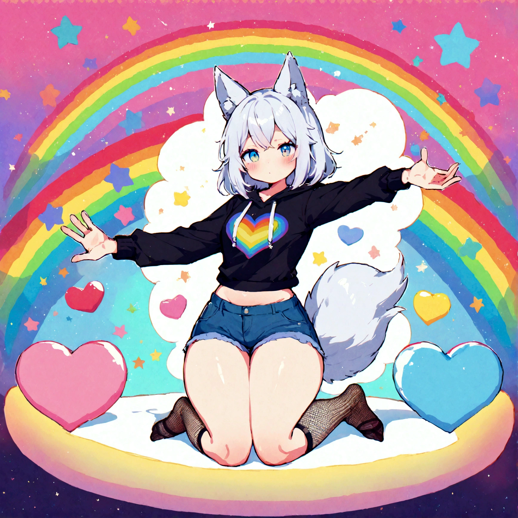 a cute adult male with wolf ears, white hair, has a wolf tail, wearing a loose cropped oversized black hoodie, wearing a pair of denim short shorts and fishnet stockings, thick thighs, wide hips, relaxing on mound of fluffy multi colored kawaii plushies, short, very slim, showing slender tummy, stretching out, heart on hoodie, squishy thighs, has glowing blue eyes. alone, solo (ALONE)(SOLO), surrounded by rainbows, colorful galaxy backround