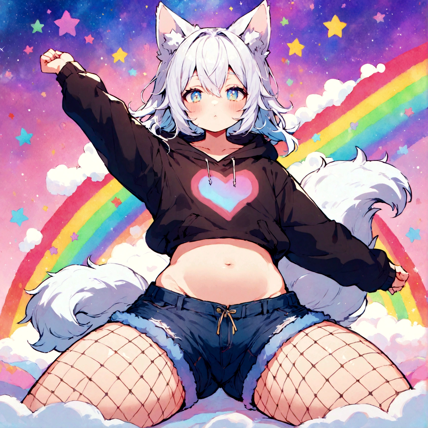 a cute adult male with wolf ears, white hair, has a wolf tail, wearing a loose cropped oversized black hoodie, wearing a pair of denim short shorts and fishnet stockings, thick thighs, wide ????, relaxing on mound of fluffy multi colored kawaii plushies, short, very slim, showing slender tummy, stretching out, heart on hoodie, squishy thighs, has glowing blue eyes. alone, solo (ALONE)(SOLO), surrounded by rainbows, colorful galaxy backround