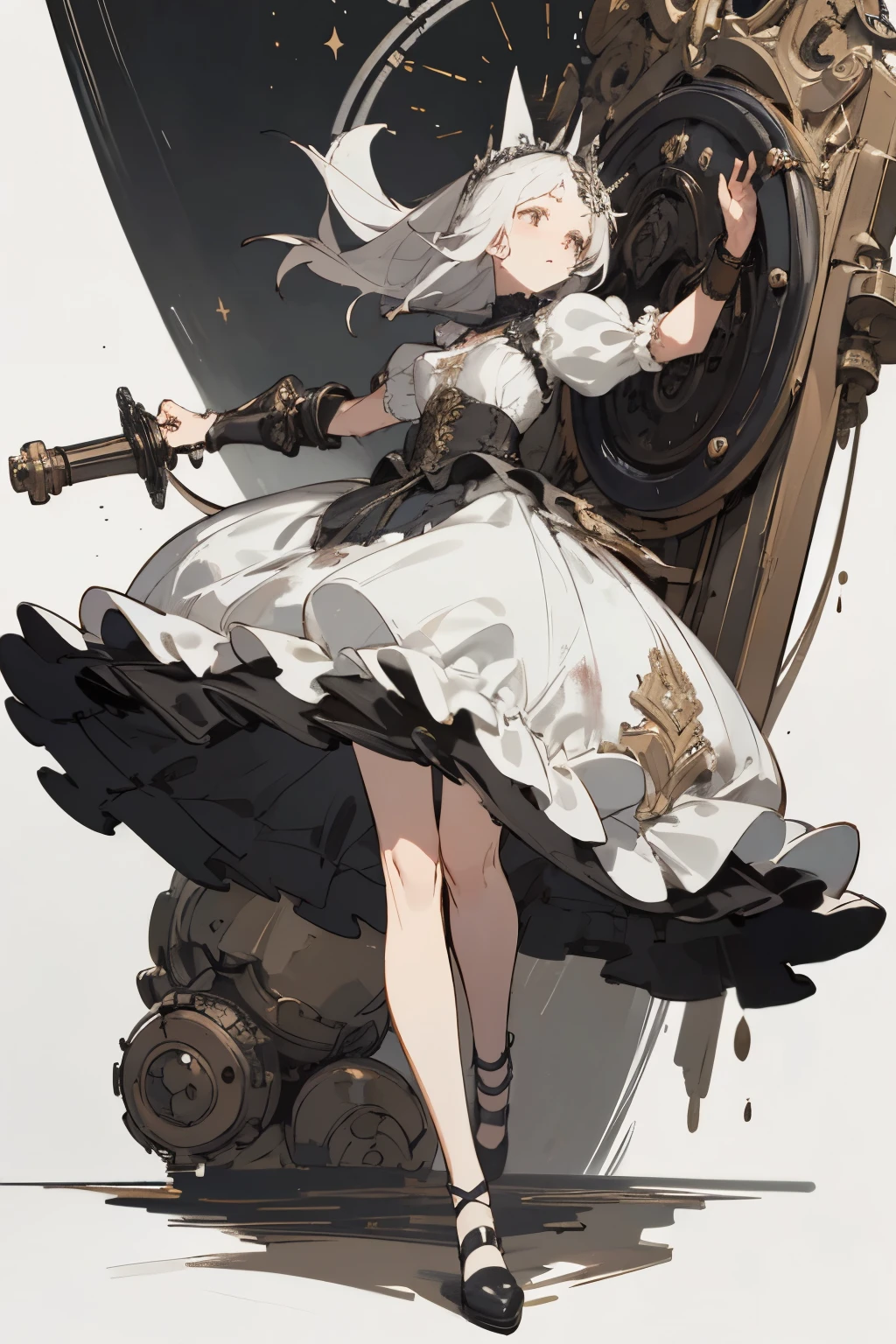 ((best quality)), ((masterpiece)), (detailed), perfect face ((best quality)), ((masterpiece)), (detailed), blank white background, plain background, white background, Bloodborne inspired, occult aesthetic, occult, detailed and intricate steampunk and detailed gothic, (zentangle, mandala, tangle, entangle), NSFW, torn clothing, Very dramatic and cinematic lighting, cosmic horror, grim-dark, side-lighting, perfect face, a beautiful goddess adorned and enshrined in armour, Bloodborne inspired , occult aesthetic , occult , detailed and intricate steampunk and detailed gothic , wielding a sword and holding a shield, NSFW, Fluttering lace flared short dress with frilly petticoats, knee length dress, pleated petticoats, lolita dress, petticoats gothic lolita, side-lighting, gothic lolita aesthetic, beautiful small breasts, small breasts, full body, whole body, body, plain background, white background, blank background, no background, white background NSFW, full body, whole body, head-to-toe