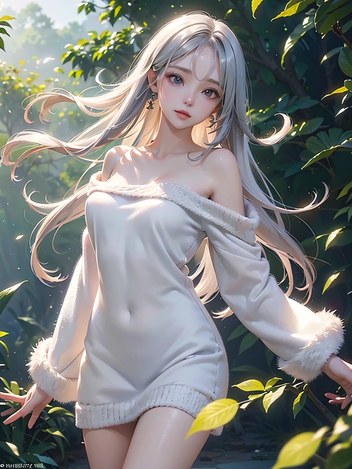 ((masterpiece:1.5、8k、Portraiture、Very detailedなCG、Very detailed、Particle Effects、Dynamic Effects、Shallow depth of field、Cinematic Light、Lens flare、Ray Tracing、Tabletop、超A high resolution:1.2、))((alone、,Woman wearing an off-the-shoulder fur sweater:1.4、Elegant woman posing、Detailed face、brightexpression、young, bright, Whiter skin、Ample breasts、Best Looks、Ultimate beauty、Shiny silver hair with highlights、bright and shiny hair,、Super long, Silky straight hair、Hair dancing in the wind))(A tree of light stretching to the sky、Shiny leaves fall、Morning Dew、It's shining brightly)