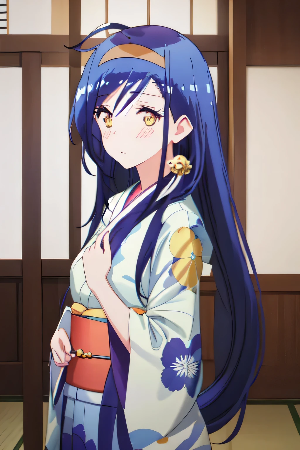 best quality, masterpiece, highres, solo, {1.15}, long_hair, blue_hair, hair_ornament, star_\(symbol\), star_hair_ornament, bangs, ahoge, blush, hair_between_eyes, closed_mouth, shiny_hair, 1girl, japanese_clothes, kimono, looking_at_viewer, yukata, blurry_background, shiny, indoors