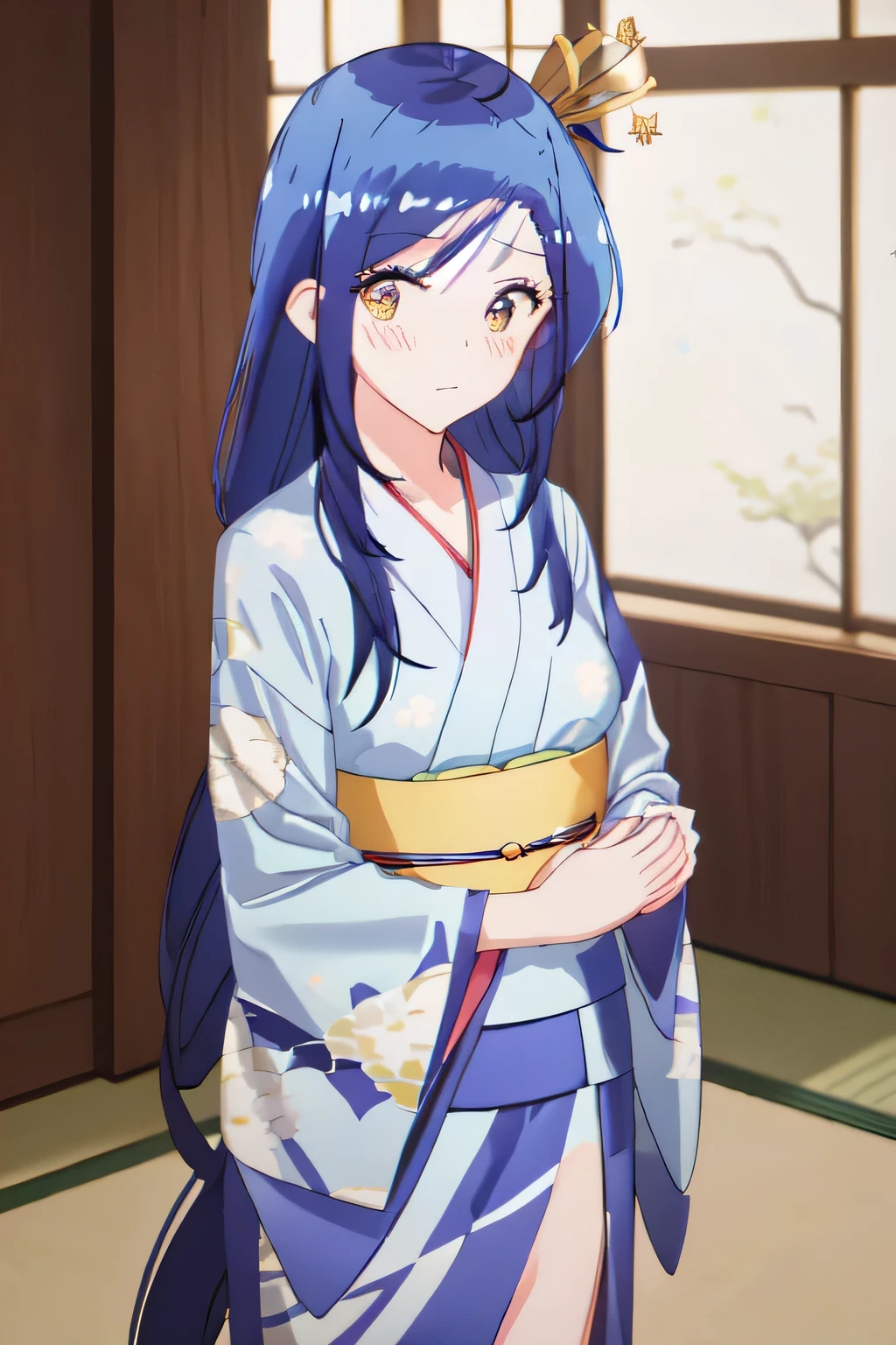 best quality, masterpiece, highres, solo, {1.15}, long_hair, blue_hair, hair_ornament, star_\(symbol\), star_hair_ornament, bangs, ahoge, blush, hair_between_eyes, closed_mouth, shiny_hair, 1girl, japanese_clothes, kimono, looking_at_viewer, yukata, blurry_background, shiny, indoors