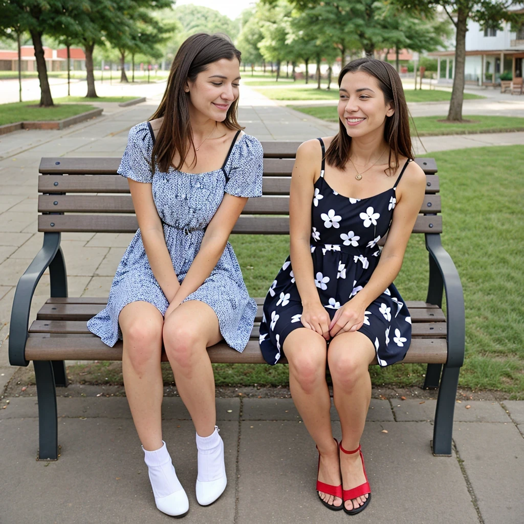 best quality, a woman sat in a bench , summer_dress, dogs printed in the dress