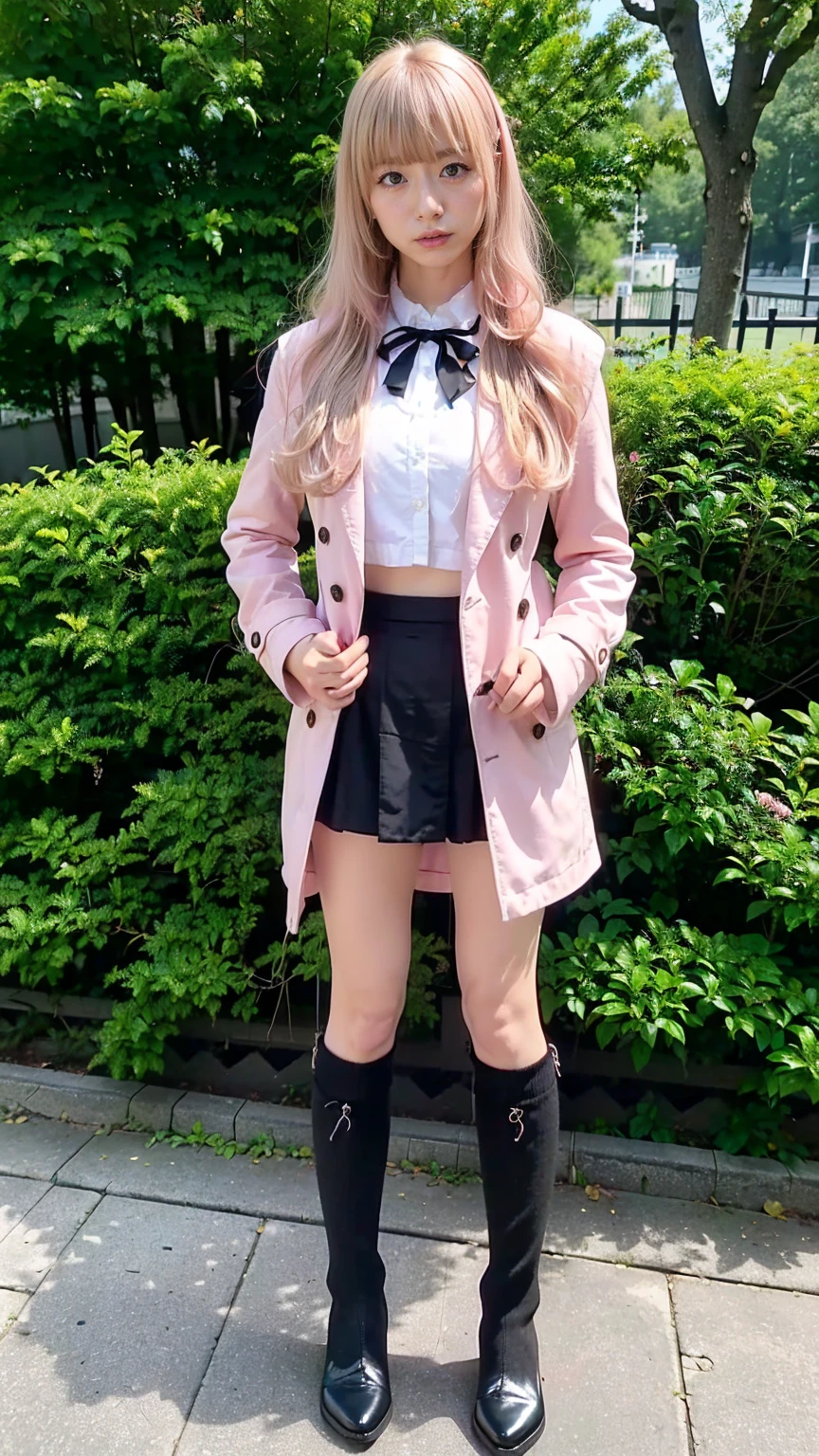 (8k、RAW Photos、highest quality、masterpiece:1.2)、(Realistic、Realistic)、1 girl、((Pink Coat、Blonde、Black Mini Skirt、Ribbon on chest、Knee socks、、Big Breasts、boots、whole body、garden、View from the front、Looking into the camera、Standing with hands on hips))、