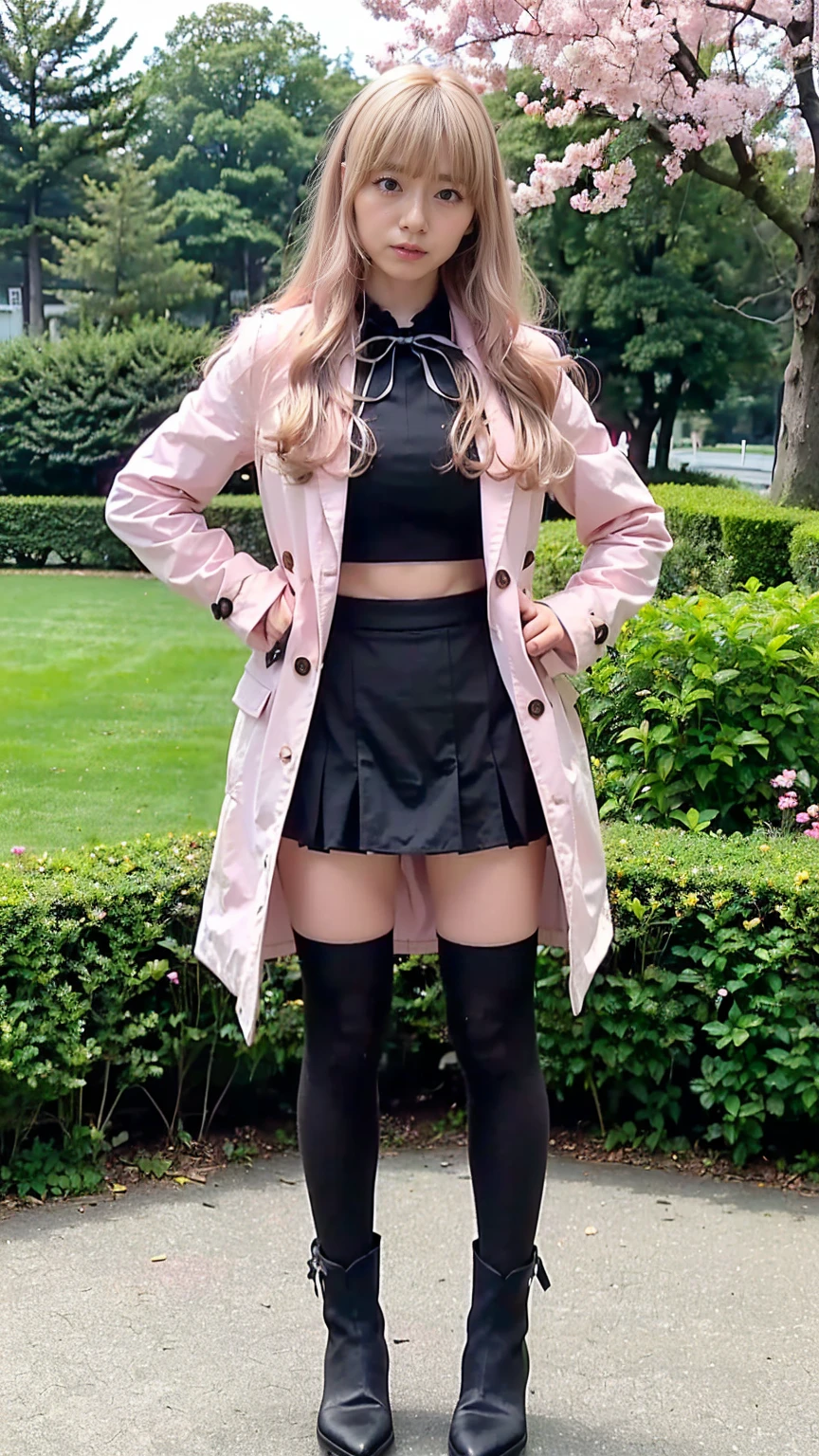 (8k、RAW Photos、highest quality、masterpiece:1.2)、(Realistic、Realistic)、1 girl、((Pink Coat、Blonde、Black Mini Skirt、Ribbon on chest、Knee socks、、Big Breasts、boots、whole body、garden、View from the front、Looking into the camera、Standing with hands on hips))、