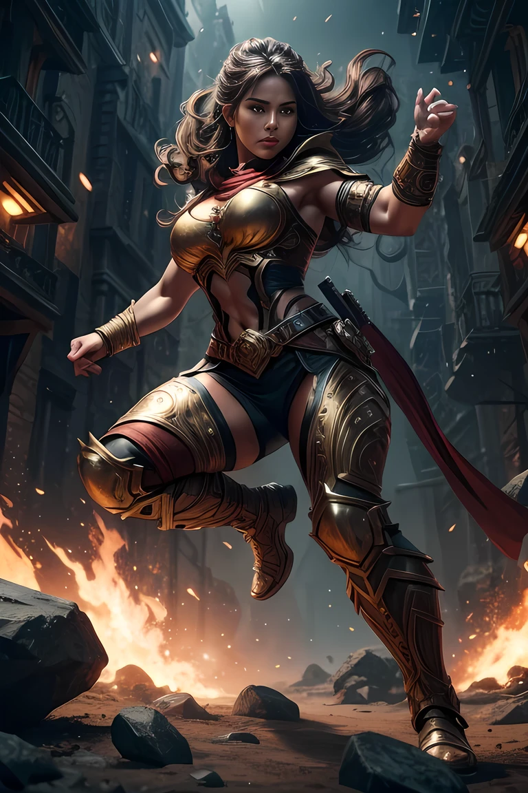 a female hamster warrior, full body shot, extremely large chest, detailed musculature, powerful pose, intricate hamster facial features, striking expression, dynamic action, highly detailed, photorealistic, 8k, realistic lighting, cinematic composition, dramatic lighting, vibrant colors, fantasy art style