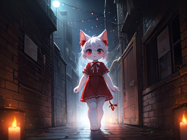 Hallucination, daydream , bokeh , A dense foggy Alley leading to purgatory , White face, big eyes and a red ribbon , Smooth and soft fur , (hell kitty) , Let's go to Kitty's party