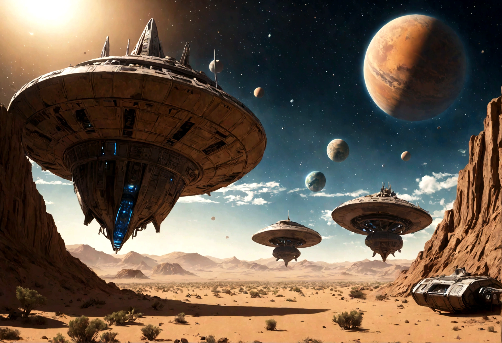 ((HEAVY ATMOSPHERE DESERT PLANET)), ((Alien spaceships)), abandoned alien spaceships, demolished years ago, rust on a desert planet with a heavy atmosphere filled with dust particles and cosmic winds. Baja visibilidad. Humanos sobrevivientes deambulan en busca de agua. Hyper realistic scene, 4K, Professional cinematographic lighting. ((PROFUNDIDAD DE CAMPO INFINITA))