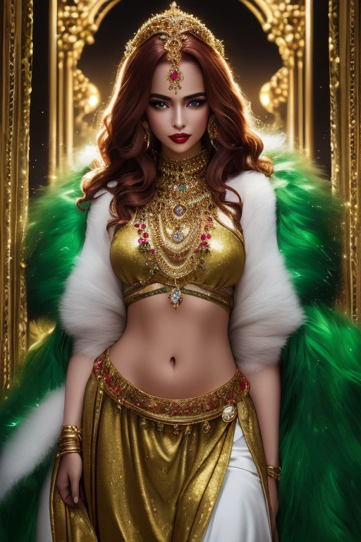 A luxuriously enchanting seen, her flowing auburn hair cascades like liquid flame around her glittering emerald eyes and full, ruby-red lips. She is wrapped in silk tunic the color of midnight skies, adorned with opulent gold jewelry that shimmers with a celestial glow, open hips and belly, fluffy green fur belt. The image capture her in a dazzling high fashion analog photograph, exuding an air of mystery and allure. The impeccable lighting and attention to detail make her beauty appear almost ethereal, drawing viewers into a world of glamour and sophistication.