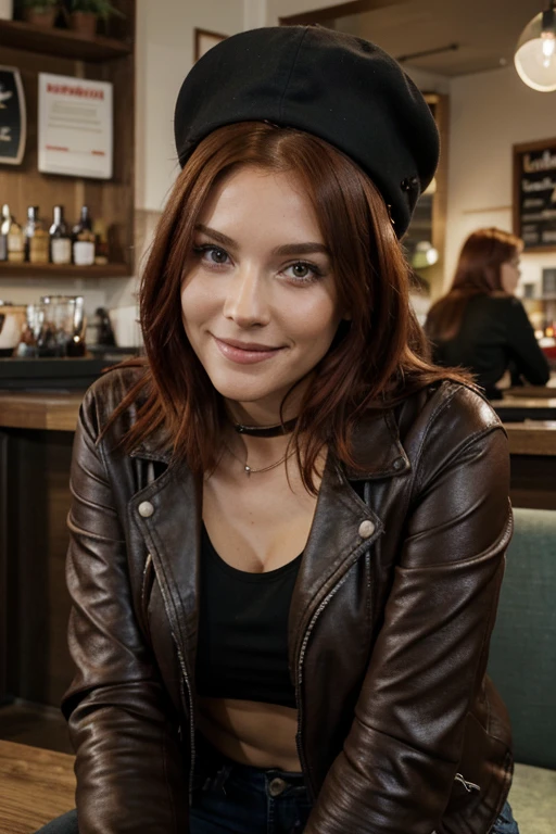 A 27-year-old woman with strawberry-red dyed hair. Sie hat braune Augen und ein ovales Gesicht. She smiles happily into the camera. She wears a black leather jacket, eine schwarze Jeans und ein graues Tops. She sits in a small café and drinks a cappuccino. Ihre Haare sind schulterlang und gewellt. Realistisch, High Resolution, Hautdetails, keine Kopfbedeckung