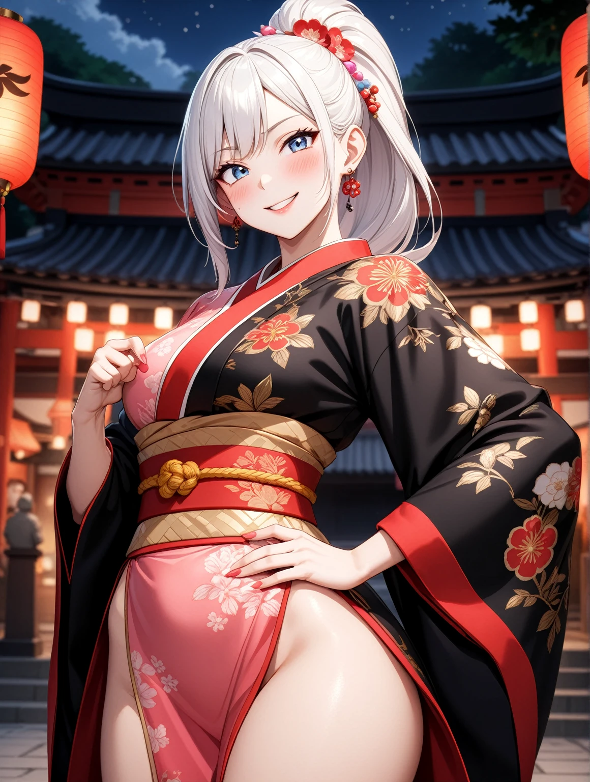 ((one personの女性)), Beautiful Face,Laughing in annoyance,((Wink:1.7)),Laughing with your mouth open,Bright red cheeks,Glossy pink lips,night,Shrine festival s高いs,((Anime style background)),masterpiece, highest quality, so beautiful, Latest, Complex details, (Pink long nails),AI-generated, Complex,High resolution, highest quality, super high quality,3D Images、View your viewers、3D Images,one person,Long white hair,High Ponytail,blue eyes,Anime woman posing for a photo, [[Fine grain、Colorful eyes、Shining Eyes:1.15]],(Squint your eyes:1.1),a hyperRealistic , hyperRealistic , Realistic,Anime woman with long and white hair, Smooth anime CG art, A woman in a colorful kimono with gold embroidery, (Black kimono),Red floral pattern,Long flower hair ornament,Big earrings,Mature Body,Tall,Big Ass,Fine details,Narrow waist,(Face close-up:1.3),Hands on hips,(Recurve your hips)