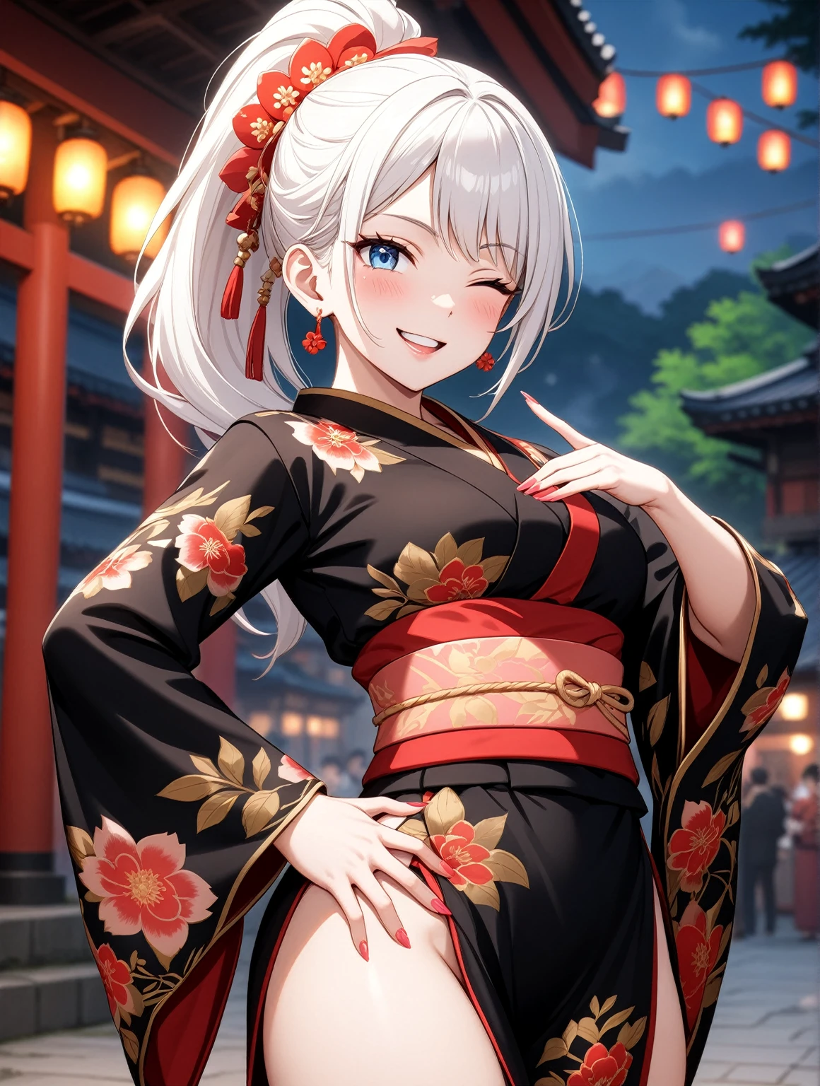 ((one personの女性)), Beautiful Face,Laughing in annoyance,((Wink:1.7)),Laughing with your mouth open,Bright red cheeks,Glossy pink lips,night,Shrine festival s高いs,((Anime style background)),masterpiece, highest quality, so beautiful, Latest, Complex details, (Pink long nails),AI-generated, Complex,High resolution, highest quality, super high quality,3D Images、View your viewers、3D Images,one person,Long white hair,High Ponytail,blue eyes,Anime woman posing for a photo, [[Fine grain、Colorful eyes、Shining Eyes:1.15]],(Squint your eyes:1.1),a hyperRealistic , hyperRealistic , Realistic,Anime woman with long and white hair, Smooth anime CG art, A woman in a colorful kimono with gold embroidery, (Black kimono),Red floral pattern,Long flower hair ornament,Big earrings,Mature Body,Tall,Big Ass,Fine details,Narrow waist,(Face close-up:1.3),Hands on hips,(Recurve your hips)