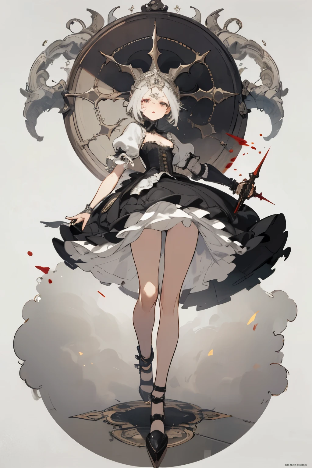 ((best quality)), ((masterpiece)), (detailed), perfect face ((best quality)), ((masterpiece)), (detailed), blank white background, plain background, white background, Bloodborne inspired, occult aesthetic, occult, detailed and intricate steampunk and detailed gothic, (zentangle, mandala, tangle, entangle), NSFW, torn clothing, Very dramatic and cinematic lighting, cosmic horror, grim-dark, side-lighting, perfect face, a beautiful goddess adorned and enshrined in armour, Bloodborne inspired , occult aesthetic , occult , detailed and intricate steampunk and detailed gothic , wielding a sword and holding a shield, NSFW, Fluttering lace flared short dress with frilly petticoats, knee length dress, pleated petticoats, ta dress, petticoats gothic loliside-lighting, gothic lolita aetic, beautiful small breasts, small breasts, full body, whole body, body, plain background, white background, blank background, no background, white background NSFW, full body, whole body, head-to-toe