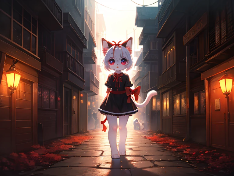 Hallucination, daydream , bokeh , A dense foggy Alley leading to purgatory , White face, big eyes and a red ribbon , Smooth and soft fur , (hell kitty) , Let's go to Kitty's party