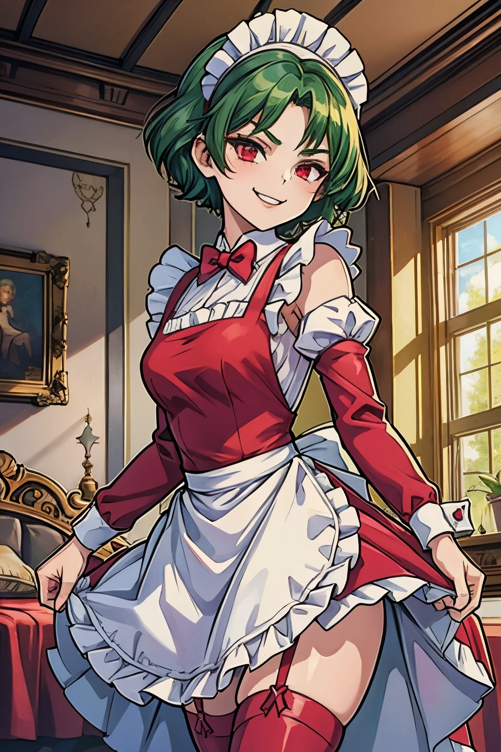 anime girl with short clover dark green hair, tall, crimson red eyes, maid dress, maid outfit, apron, white stockings, black boots, bowtie, submissive, gentle, smug evil smile, fangs, background, mansion, noble bedroom,