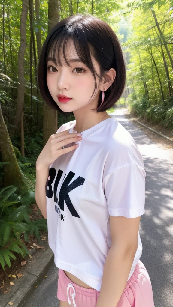 (8k, Photorealistic, Raw photo, Highest quality: 1.4),Japanese idol style１Beautiful girl of the person,18-year-old,Short bob hairstyle,Black Hair,My hair is blowing in the wind,Wearing small earrings in the ears,Big, clear grey eyes,Long eyelashes,Plump Cheeks,Wearing pink lipstick,Apply gloss over your lipstick for glossy, plump lips,Both hands have pink nail polish on their nails,Wearing a T-shirt,Wearing sportswear,Wearing white sports shoes,Running along a forest road, looking straight ahead with a serious expression,She is surrounded by the gentle sunlight filtering through the trees.,Full body snapshot