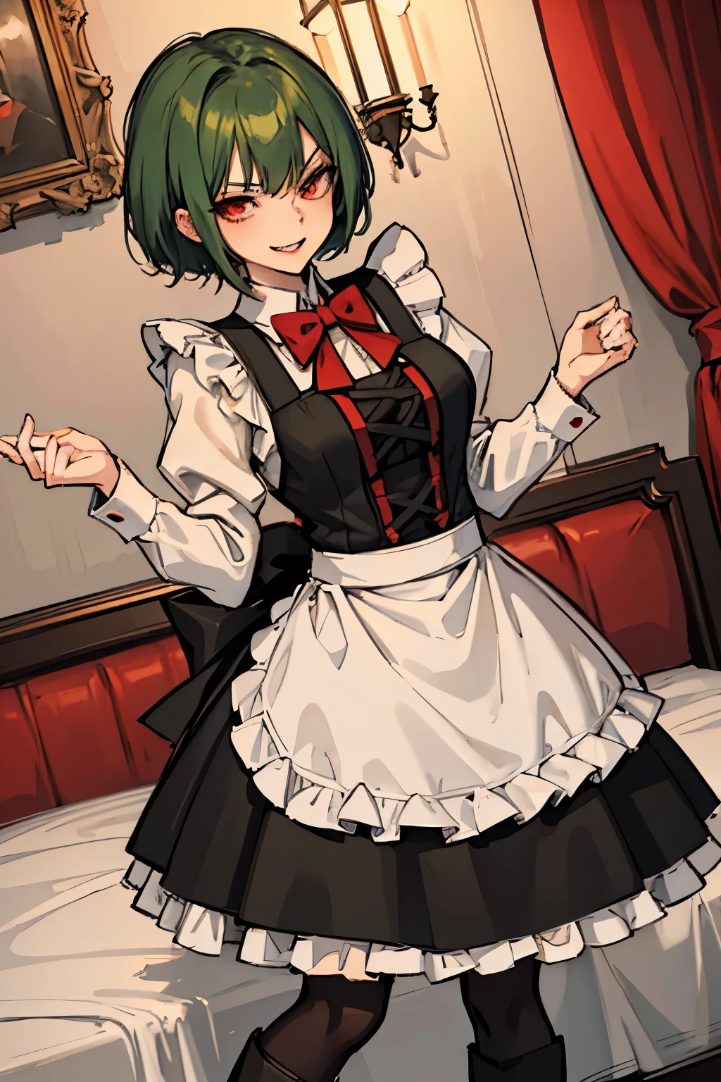 anime girl with short clover dark green hair, tall, crimson red eyes, maid dress, maid outfit, apron, white stockings, black boots, bowtie, submissive, gentle, smug evil smile, fangs, background, mansion, noble bedroom,