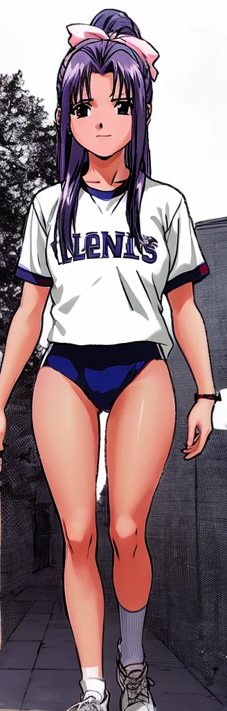 Momoko Koigakubo, a tall girl with beautiful legs, is standing with a smile on her face in a white gym uniform and light-colored navy blue bloomers that look like panties.。