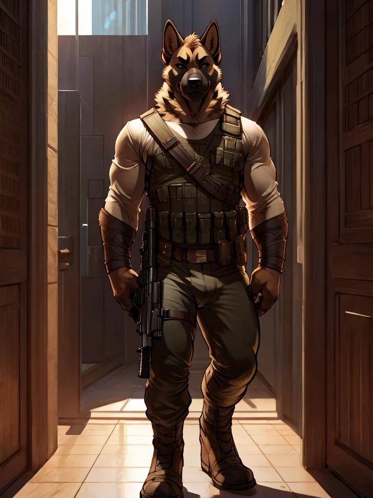 furry, anthro, german shepherd black:1.5, solo, male, standing with a assault rifle on the door looking slyly at the viewer:1.3, super detailed, military beige pants:1.4, detailed face, best art, 8k, vibrant, by taran fiddler:1.8, by RedRusker:1.8, art stile, perfect light, 3D, halfbody,