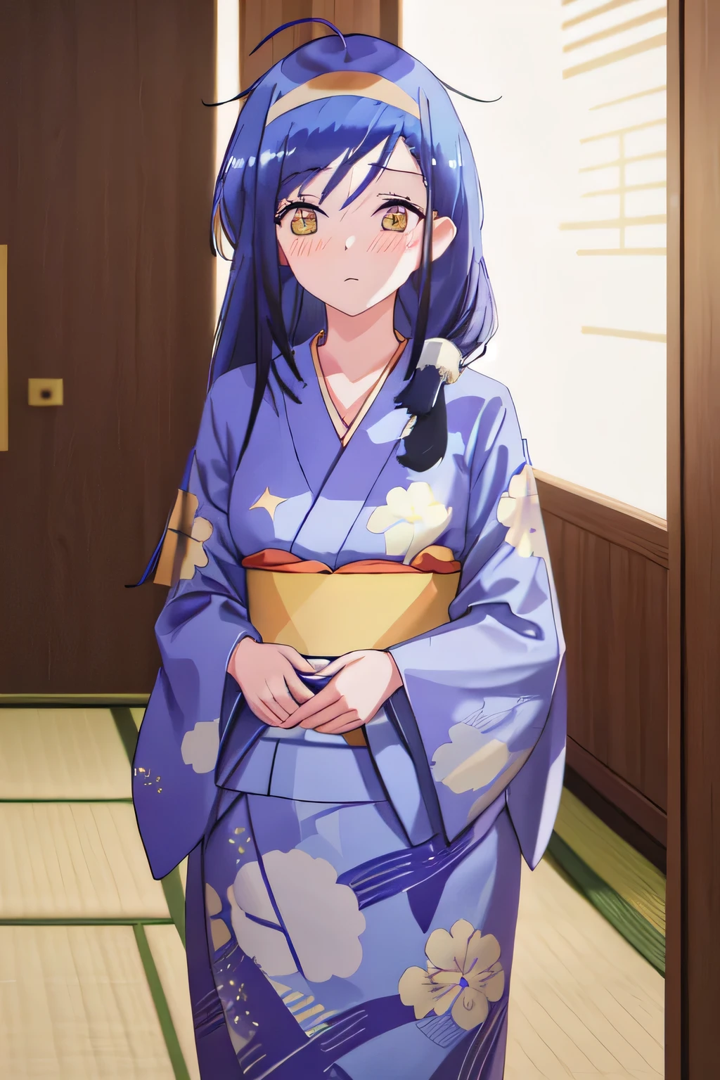 best quality, masterpiece, highres, solo, {1.15}, long_hair, blue_hair, hair_ornament, star_\(symbol\), star_hair_ornament, bangs, ahoge, blush, hair_between_eyes, closed_mouth, shiny_hair, 1girl, japanese_clothes, kimono, looking_at_viewer, yukata, blurry_background, shiny, indoors