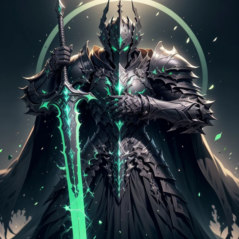 a dark paladin wearing a black medieval armor with green ornaments, black helmet green magic around, holding a large sword, dynamic pose