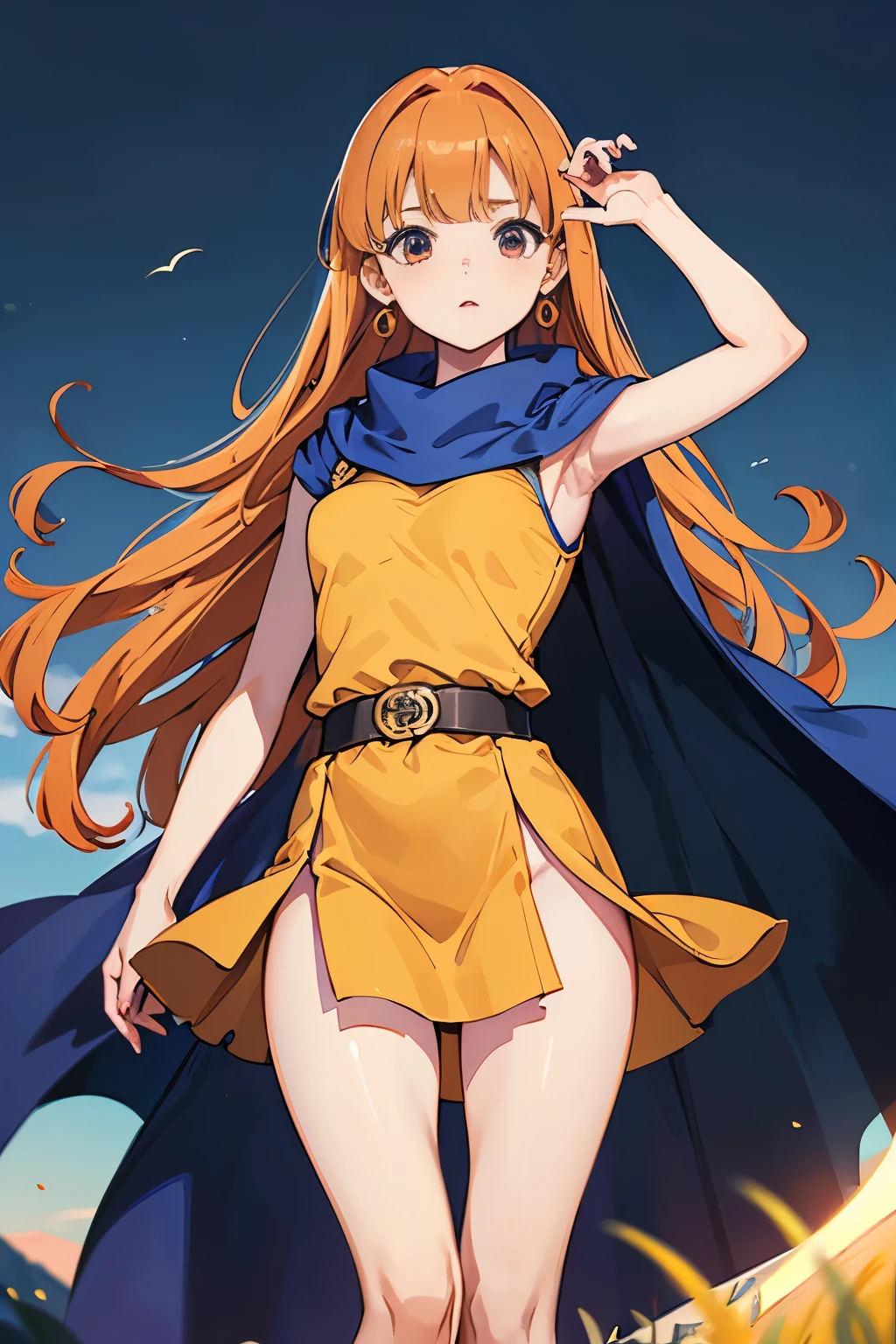 1 girl、High resolution、masterpiece、(alena、dq4-alena、Orange straight hair)、low length、Thin thighs、Thin legs、Small shoulders、slender、Muscular、(Dresses wide open、Cape、Slit Skirt、Wide open slit、No underwear、Underarm、Flanks are visible、Side bust)、Night Grassland