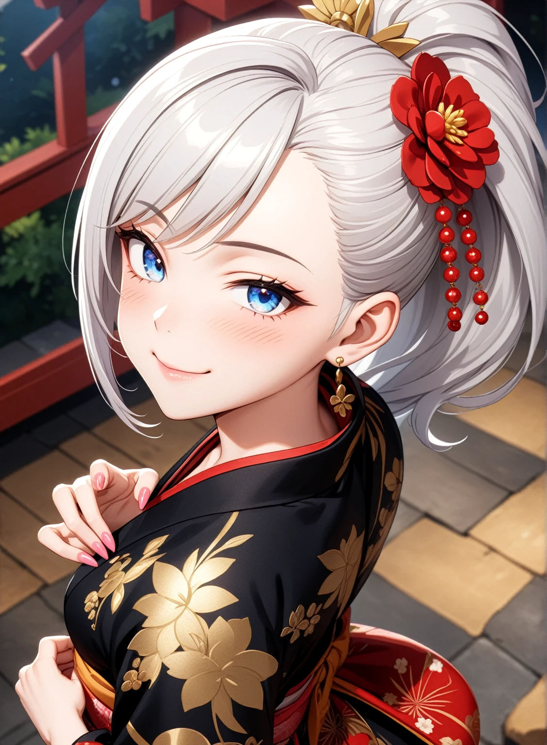 ((one personの女性)), Beautiful Face,Laughing in annoyance,((Wink:1.7)),Laughing with your mouth open,Bright red cheeks,Glossy pink lips,night,Shrine festival s高いs,((Anime style background)),masterpiece, highest quality, so beautiful, Latest, Complex details, (Pink long nails),AI-generated, Complex,High resolution, highest quality, super high quality,3D Images、View your viewers、3D Images,one person,Long white hair,High Ponytail,blue eyes,Anime woman posing for a photo, [[Fine grain、Colorful eyes、Shining Eyes:1.15]],(Squint your eyes:1.1),a hyperRealistic , hyperRealistic , Realistic,Anime woman with long and white hair, Smooth anime CG art, A woman in a colorful kimono with gold embroidery, (Black kimono),Red floral pattern,Long flower hair ornament,Big earrings,,Mature Body,Tall,Big Ass,Fine details,Narrow waist,(Face close-up:1.4),Diagonal Background,(Photographed from diagonally above)