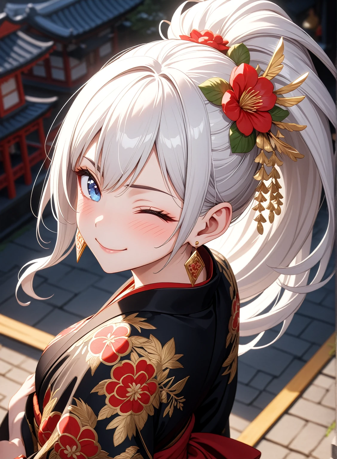 ((one personの女性)), Beautiful Face,Laughing in annoyance,((Wink:1.7)),Laughing with your mouth open,Bright red cheeks,Glossy pink lips,night,Shrine festival s高いs,((Anime style background)),masterpiece, highest quality, so beautiful, Latest, Complex details, (Pink long nails),AI-generated, Complex,High resolution, highest quality, super high quality,3D Images、View your viewers、3D Images,one person,Long white hair,High Ponytail,blue eyes,Anime woman posing for a photo, [[Fine grain、Colorful eyes、Shining Eyes:1.15]],(Squint your eyes:1.1),a hyperRealistic , hyperRealistic , Realistic,Anime woman with long and white hair, Smooth anime CG art, A woman in a colorful kimono with gold embroidery, (Black kimono),Red floral pattern,Long flower hair ornament,Big earrings,,Mature Body,Tall,Big Ass,Fine details,Narrow waist,(Face close-up:1.4),Diagonal Background,(Photographed from diagonally above)