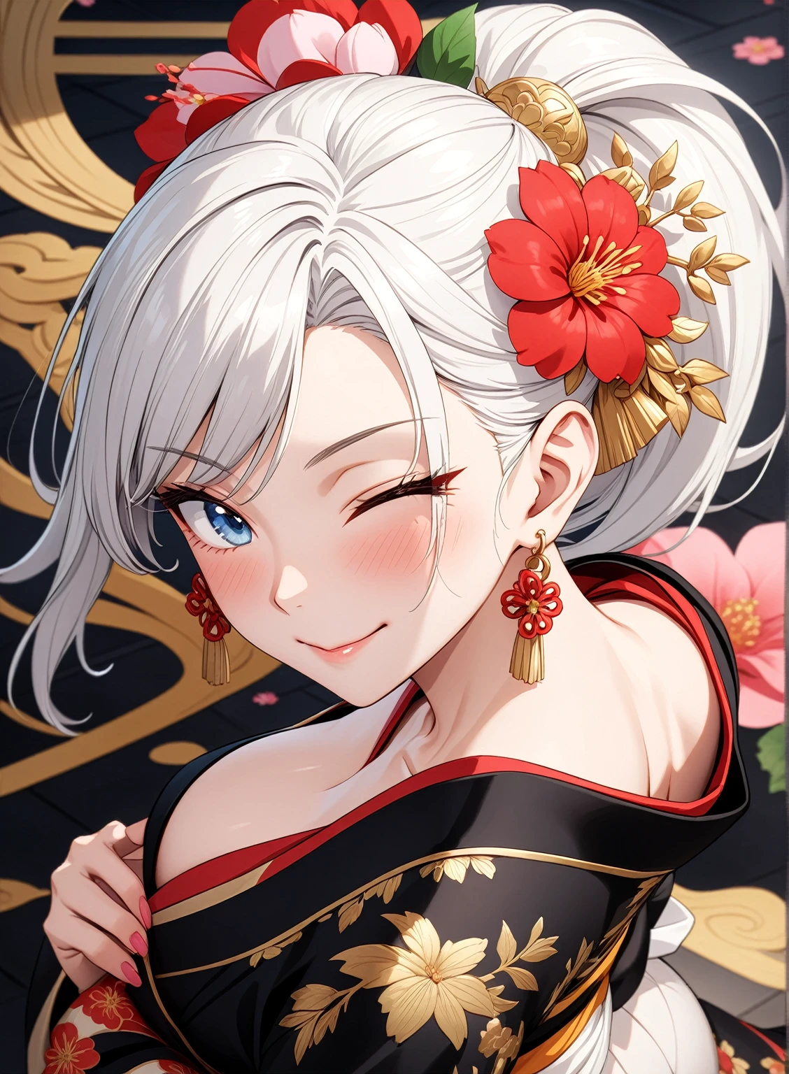 ((one personの女性)), Beautiful Face,Laughing in annoyance,((Wink:1.7)),Laughing with your mouth open,Bright red cheeks,Glossy pink lips,night,Shrine festival s高いs,((Anime style background)),masterpiece, highest quality, so beautiful, Latest, Complex details, (Pink long nails),AI-generated, Complex,High resolution, highest quality, super high quality,3D Images、View your viewers、3D Images,one person,Long white hair,High Ponytail,blue eyes,Anime woman posing for a photo, [[Fine grain、Colorful eyes、Shining Eyes:1.15]],(Squint your eyes:1.1),a hyperRealistic , hyperRealistic , Realistic,Anime woman with long and white hair, Smooth anime CG art, A woman in a colorful kimono with gold embroidery, (Black kimono),Red floral pattern,Long flower hair ornament,Big earrings,,Mature Body,Tall,Big Ass,Fine details,Narrow waist,(Face close-up:1.4),Diagonal Background,(Photographed from diagonally above)