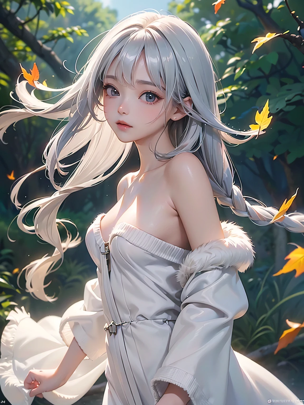 ((masterpiece:1.5、8k、Portraiture、Very detailedなCG、Very detailed、Particle Effects、Dynamic Effects、Shallow depth of field、Cinematic Light、Lens flare、Ray Tracing、Tabletop、超A high resolution:1.2、2.5D illustration))((alone、,Woman wearing an off-the-shoulder fur sweater:1.4、Elegant woman posing、Detailed face、brightexpression、young, bright, Whiter skin、Ample breasts、Best Looks、Ultimate beauty、Shiny silver hair with highlights、bright and shiny hair,、Super long, Silky straight hair、Hair dancing in the wind))(A tree of light stretching to the sky、Shiny leaves fall、Morning Dew、It's shining brightly)