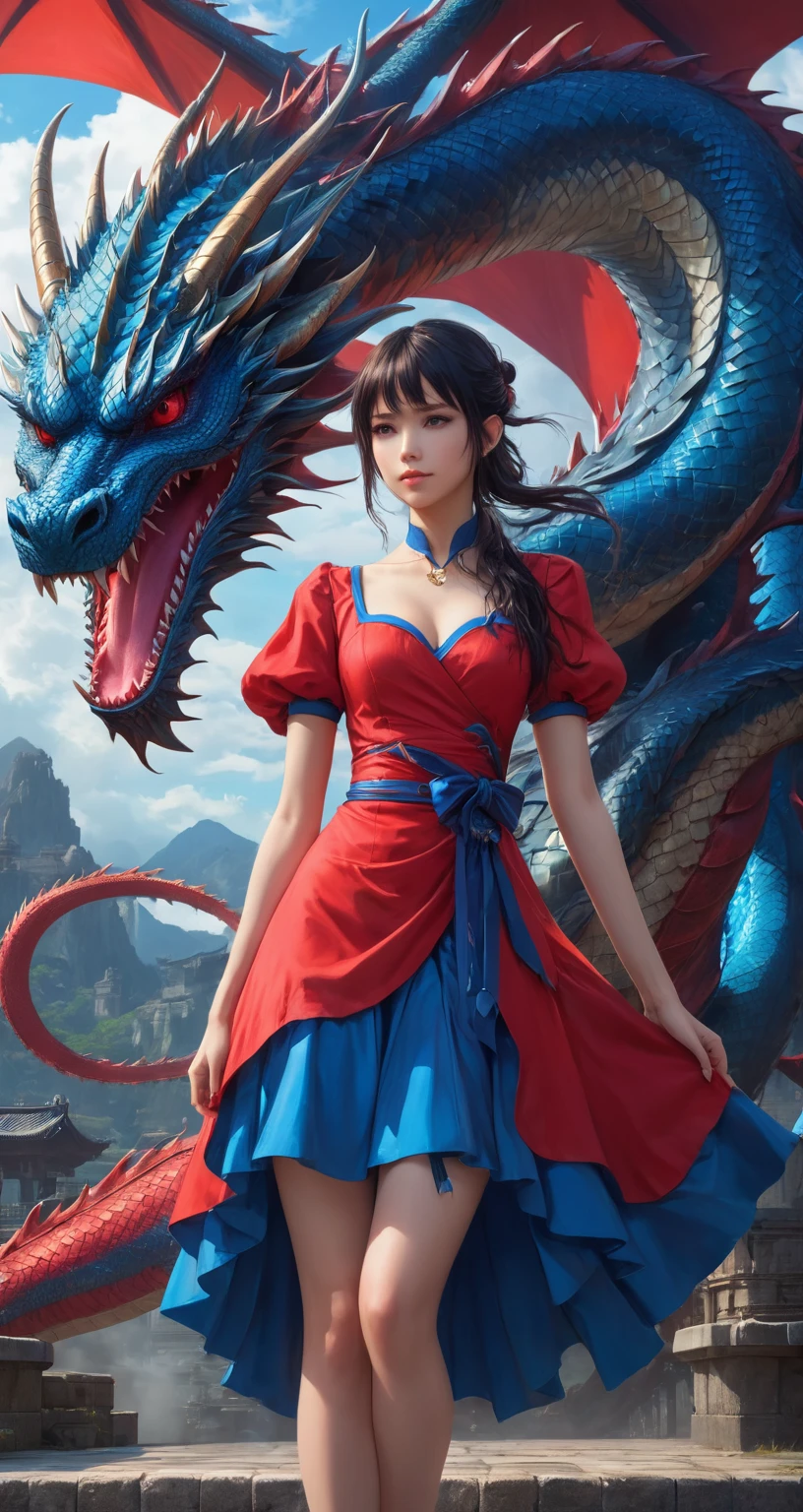 a woman in a red and blue dress standing in front of a dragon, arte ciberpunk de Yuumei, tendencia en pixiv, fantasy art, estilo anime 4k, fondo de pantalla de arte anime 8 K, mejor fondo de pantalla de anime 4k konachan