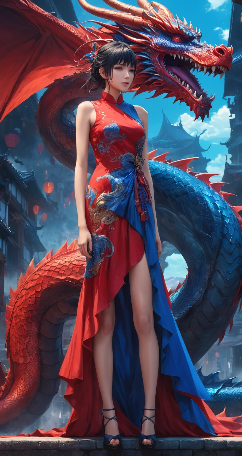 a woman in a red and blue dress standing in front of a dragon, arte ciberpunk de Yuumei, tendencia en pixiv, fantasy art, estilo anime 4k, fondo de pantalla de arte anime 8 K, mejor fondo de pantalla de anime 4k konachan