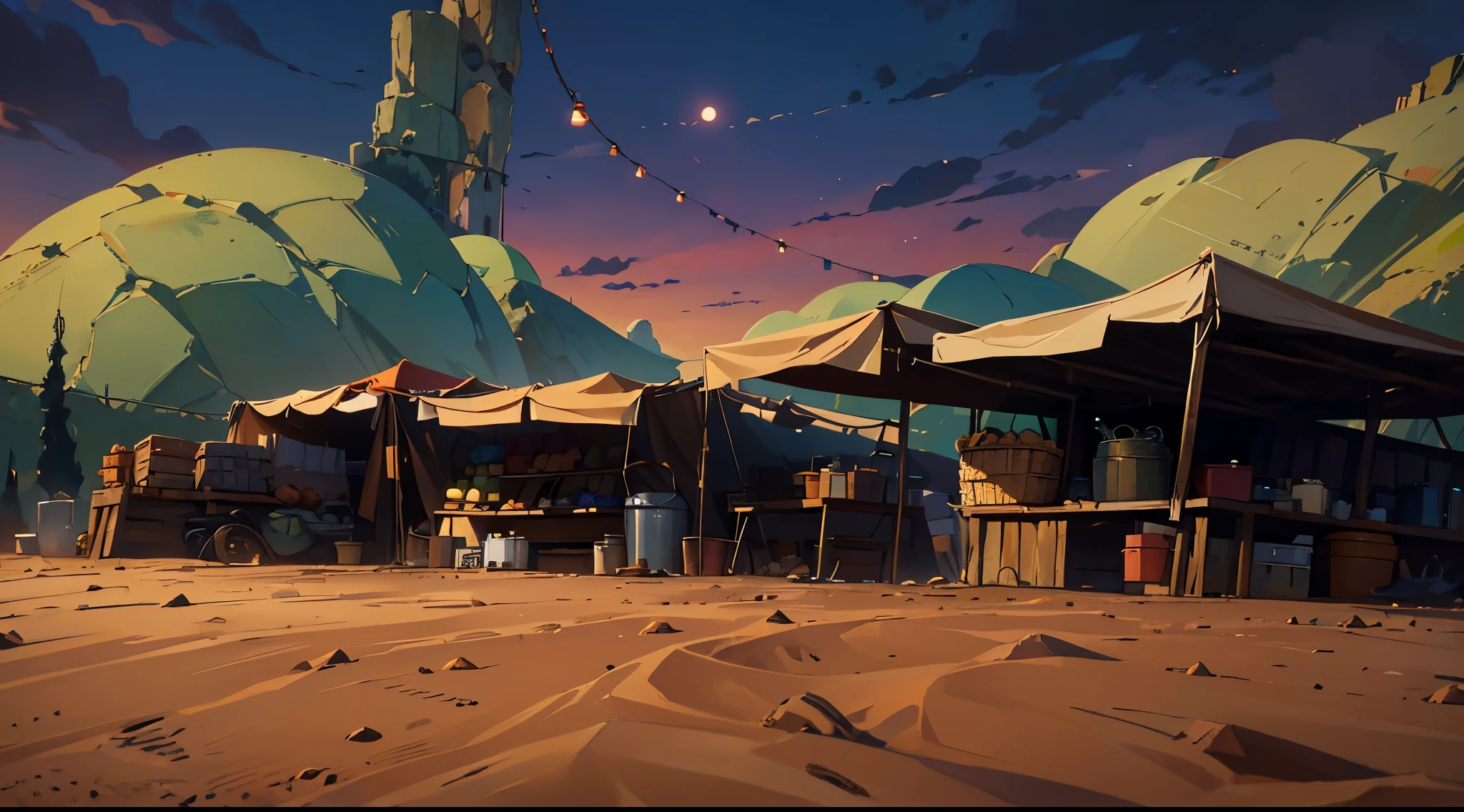 dark market, far away market tents, (super giant rock wall behind market stalls), (super wide empty dirt ground:1.3), cloudy dawn sky, (selling weird foods, odd plants in the basket, small hanging lantern, ((daybreak sky, dark early morning)), clouds, dirt ground, (low angle)