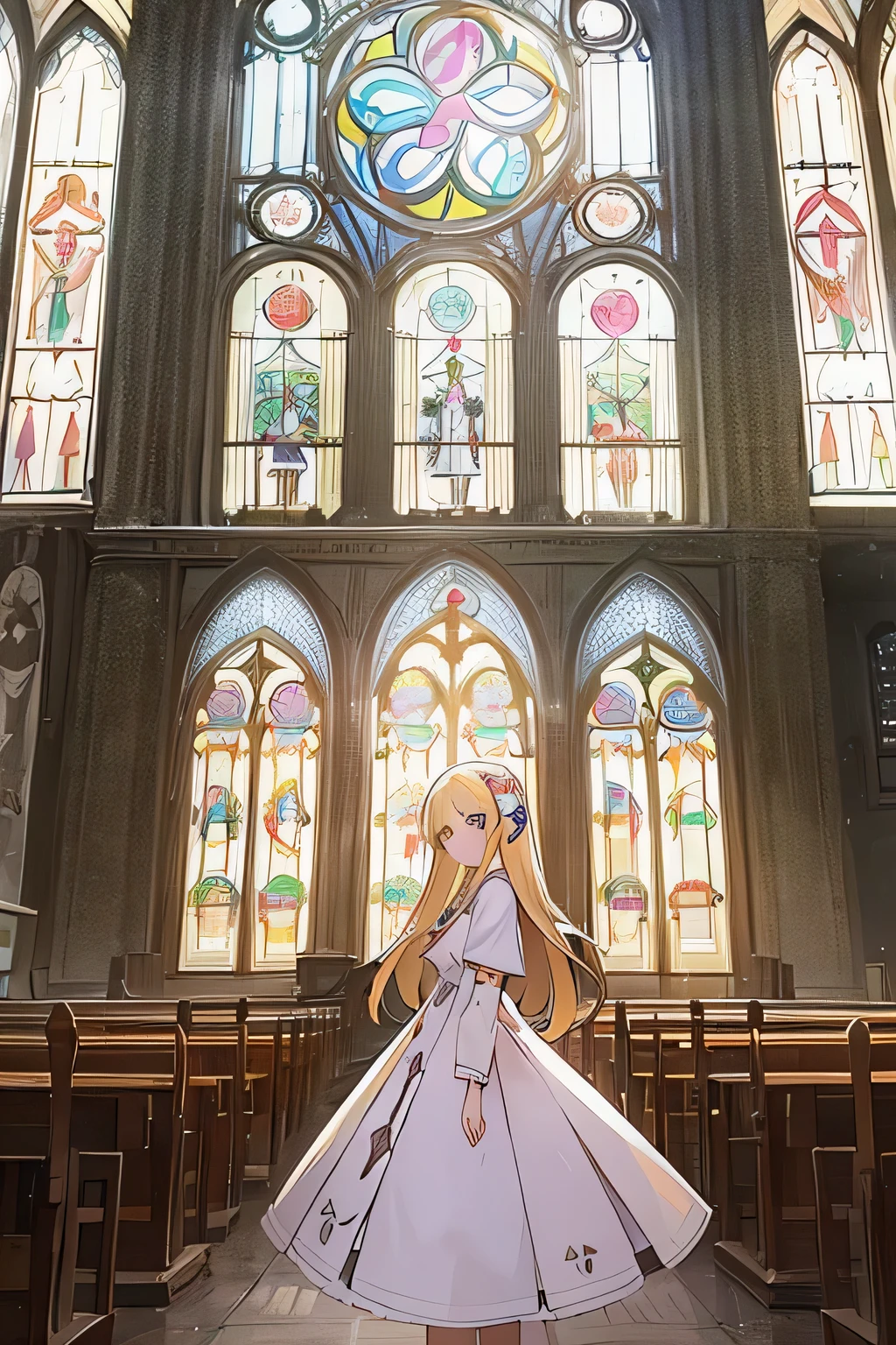 A twelve-year-old girl with long blond hair,There is a butterfly-shaped hairpin on the right side of her hair.,Wearing a white dress。At this time the girl is next to the stained glass in the church,There are four nuns in white nun uniforms standing next to the girl.。